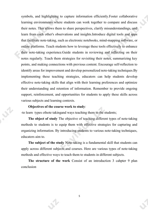 ng techniques.by implementing these teaching strategies, educators can help students develop effective note-taking skills that align with their learning preferences and optimize their understanding and retention of information. remember to provide ongoing support, reinforcement, and opportunities for students to apply these skills across various subjects and learning contexts. objectives of the course work to study: -to learn types ofnote takingand ways teaching them to the students; the object of study the objective of teaching different types of note-taking methods to students is to equip them with effective strategies for capturing and organizing information. by introducing students to various note-taking techniques, educators aim to. the subject of the study note-taking is a fundamental skill that students can apply across different subjects and courses. here are various types of note-taking methods and effective ways to teach them to students in different subjects. the structure of the work consist of an introduction 3 …
