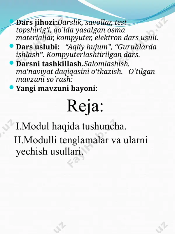 kuchli. î í ì f(x)<0 -f(x)=g(x) î í ì f(x)≥0 f(x)=g(x) a) |3x-4|=1 tenglamani yechamiz. bu tenglama, |f(x)|=a ko’rinishida va a=1≥0. shu sababli bu tenglamani yechish uchun 3x-4=1, 3x-4=-1 tenglamalarni yechish kifoya. ularni yechib x1=1, x2= larni hosil qilamiz. b) |f(x)|= f(x) ko’rinishidagi tenglamani yechilishini ko'rib chiqamiz. bu tenglamani yechimi f(x)≥0 tengsizlikning yechimiga teng kuchlidir. misol: |3x-6|=3x-6 tenglamani yechamiz. buning uchun quyidagi 3x-6≥0 tengsizlikni yechish kifoya. demak, berilgan tenglamaning barcha yechimlar to’plami [2;+ ) oraliqdan iborat. c)|f(x)|=|g(x)| bunday tenglamani yechish uchun, tenglamaning har ikkala tomonini kvadratga oshirib ishlash kifoya. masalan: |2x-3|=|x+1| tenglamani yechamiz. tenglamaning har ikkala tomonini kvdratga ko'tarsak, (2x-3)2=(x+1)2 yoki 4x2-12x+9=x2+2x+1 bundan, x1=4 x2= yechimlarini topamiz. d) endi modul qatnashgan tenglamalarni yechishda eng samarali usullardan biri-”oraliqlar usuli” ni sizlarning e’tiboringizga havola etaman. masalan: |x-1|-2|x-2|+3|x-3|=4 tenglamani oraliqlar usulida yechamiz. bu tenglamani yechish uchun x-1=0, x-2=0, x-3=0 tenglamalarni yechib, x=1, x=2, x=3 sonlarni hosil qilamiz. bu sonlar o’qini to’rtta (i,ii,iii,iv) oraliqqa …