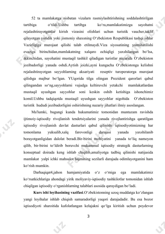 ishlab chiqilib,amaliyotga tadbiq qilinishi natijasida mamlakat yalpi ichki mahsulot hajmining sezilarli darajada odimlayotganini ham ko‘rish mumkin. darhaqiqat4,jahon hamjamiyatida o‘z o‘rniga ega mamlakatimiz ko‘rsatkichlariga ahondagi yirik moliyaviy-iqtisodiy tashkilotlar tomonidan ishlab chiqilgan iqtisodiy o‘rganishlarning talablari asosida qaraydigan bo‘ladi. kurs ishi loyihasining vazifasi.o‘zbekistonning uzoq muddatga ko‘zlangan yangi loyihalar ishlab chiqish samaradorligi yuqori darajadadir. bu esa bozor iqtisodiyoti sharoitida kafolatlangan kelajakni qo‘lga kiritish uchun poydevor vazifasini bajaradi. strategik dasturlar haqida gap ketganda shuni ta'kidlab o‘tish zarurki, mamlakat iqtisodiy ko‘rsatkichlarini yanada oshirish yo‘lida mamlakatga xorijdan investitsiyalar kiritish hajmini sezilarli darajada oshirish muhim yo‘nalish bo‘lib qoladi. davlatimiz tomonidan esa aholi imkoniyatlarini ro`yobga chiqarish uchun huquqiy maydon, qonuniy vositalar va kafolatlar tizimi izchil vujudga keltirilmoqda. tabiiyki, bu boradagi me`yoriy-huhuhiy asosni takomillashtirish, ushbu sohadagi islohotlarni izchil rivojlantirish va jadallashtirish bo`yicha zamonaviy talablarga javob beradigan yangi qonun hujjatlarini qabul qilish muhim vazifalar sirasiga kiradi. ayniqsa, “oilaviy tadbirkorlik to`g’risida” gi o`zbekiston respublikasi qonunining qabul qilinishi bu jarayonlarning mantiqiy davomi bo`ldi, …