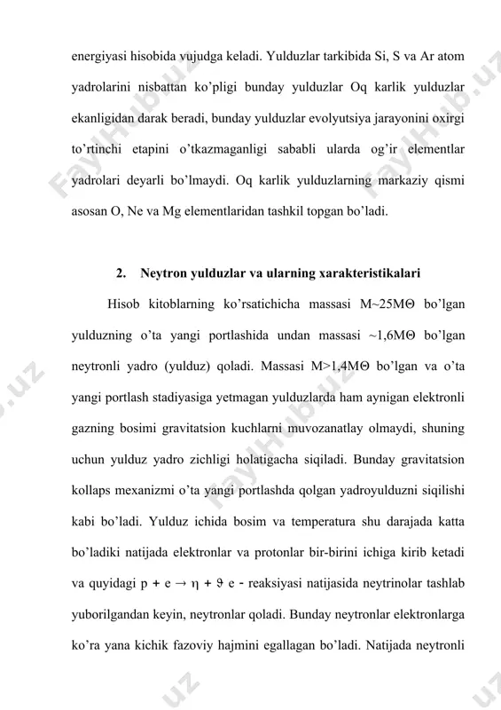-pulsarlarni qayd etdilar. bunday manbalarni ko’pchiligini impulslari 3,3 10 4 ,3 s 2 ( ( ( intervalida joylashgandir. hozirgi zamon tasavvurlariga ko’ra pulsarlar massasi 1-3mθ ga, diametri 10-20 km bo’lgan. aylanuvchi neytron yulduzlaridan iboratdir. faqatgina neytron yulduzlarigina bunday aylanishda buzilmasdan o’zining formasini saqlab qoladi. neytron yulduzining hosil bo’lishida burchak momentini va magnit maydonini saqlanishi tez aylanuvchi va kuchli magnit maydoniga b~1012gs ega bo’lgan pulsarlarni hosil bo’lishiga olib keladi. neytron yulduzi magnit maydoniga ega bo’lib, magnit maydonining o’qi yulduz aylanish o’qi ustiga tushmaydi. bu holatda pulsar nurlanishi u aylanayotganligi sababli huddi mayoq nurlari kabi yer sirtiga tekkanda radioimplus qayd etiladi. neytron yulduzining nurlanishi yulduz sirtidan zaryadlangan zarrachalar kuch chiziqlari bo’ylab harakat qilib chiqib ketayotganda hosil bo’ladi. hozirgi vaqtlarda qo’shaloq yulduzlar tarkibiga kirgan pulsarlar qayd etilgan. agar pulsar qo’shaloq yulduz ikkinchi komponentasi atrofida aylanayotgan bo’lsa uning nurlanishini dopler effekt tufayli variatsiyalari kuzatiladi. anashu variatsiyalar tufayli qo’shaloq yulduzlar tarkibidagi pulsar neytronli yulduzlari qayd …