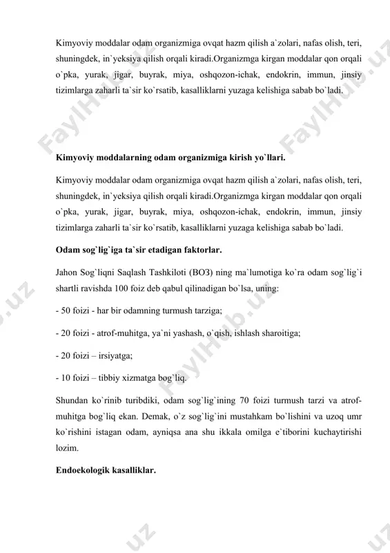 eolit; 5. o`pkaning surunkali kechadigan interstitsial – fibroz kasalligi; 6. o`pka raki; 7. o`pka sili. 8. shuningdek, allergik dermatit – terini qizarishi, qichishi, yaralanishi kabilar. endoekologik kasalliklarga, shuningdek, mikroblar, viruslarning mutatsiyalanishi tufayli vujudga keladigan kasalliklar ham kiradi. tashqi muhitda mikroblarning 1000 dan ortiq turi, viruslarning 250 dan ko`proq turi, zamburug` va boshqa mikroorganizmlarning 200 dan ortiq turlari borligi aniqlangan. bularning ko`pchiligi odamda kasallik qo`zg`atish xususiyatiga ega, ba`zilari esa kasallik qo`zg`atish xususiyatiga ega emas. masalan, mavjud bo`lgan 250 dan ziyod viruslarning 100 ga yaqini odamda turli xil kasalliklarni qo`zg`atadi, qolganlari kasallik qo`zg`atmaydi. ammo, tashqi muhit sharoitini uzoq yillar davomida o`zgarishi tufayli, bu viruslarning ayrimlari tabiiy mutatsiyaga uchrab, odamda kasallik qo`zg`atish xususiyatiga ega bo`layotgani hayotda isbotlanayapti. chunonchi, - oits (spid) kasalligini qo`zg`atuvchi virus ming yillar davomida maymunlar tanasida parazitlik qilib, ularda kasallik qo`zg`atgan. ammo, odamda kasallik qo`zg`atmagan. tashqi muhitning o`zgarishlari tufayli bu virus tabiiy evolyutsiyaga uchrab, maymun virusidan odam immunodefitsit virusiga – …