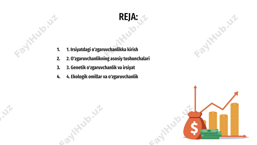 aruvchanlikni tushunish va o'rganish juda muhimdir. 35% 20% 15% 15% 10% 5% 4. ekologik omillar va o'zgaruvchanlik shop atrof-muhit omillari irsiyatning o'zgaruvchanligida katta rol o'ynaydi, genlar ifodasi va fenotipik belgilarga ta'sir qiladi. bu tashqi omillar dietani, yashash sharoitlarini va toksinlarga ta'sir qilishni o'z ichiga olishi mumkin, bularning barchasi genetik merosga ta'sir qilishi mumkin. irsiyat va genetik xilma-xillikning murakkab tabiatini o'rganishda atrof-muhit omillari va o'zgaruvchanlik o'rtasidagi bog'liqlikni tushunish juda muhimdir. 5. mutatsiyaning irsiyatdagi roli mutatsiyalar irsiy o'zgaruvchanlik uchun zarur bo'lib, irsiyatda hal qiluvchi rol o'ynaydi. ular avlodlarga o'tishi mumkin bo'lgan yangi genetik o'zgarishlarni taqdim etadilar. mutatsiyalar orqali dnk ketma-ketligidagi o'zgarishlar ro'y beradi, bu belgilar va xususiyatlarning farqiga olib keladi. ushbu o'zgarishlar populyatsiyalarda ko'rinadigan xilma-xillikka hissa qo'shadi. mutatsiyalar irsiy kasalliklar kabi salbiy ta'sirga ega bo'lishi mumkin bo'lsa-da, ular tabiiy tanlanish uchun xom ashyoni ta'minlash orqali evolyutsiyani boshqaradi. c b a 6. epigenetika va o‘zgaruvchanlik epigenetika asosiy e'tiborni dnk ketma-ketligini o'zgartirmasdan gen ekspressiyasidagi …