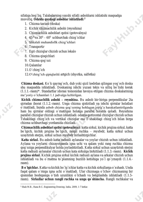 tem%2fproject%2ffileinfo%2f115178&msgid=14265952150000000550;0;1&x-email=tojiddin_1968%40mail.ru sifatiga bog`liq. talabalarning yaxshi sifatli asboblarni ishlatishi maqsadga muvofiq. odatda quydagi asboblar ishlatiladi:2 1. chizma taxtasi (doska) 2. kichik chizmachilik asbobi (reysshina) 3. chizmachilik asboblari qutisi (gotovalnya) 4. 45 0 va 300 – 600 uchburchak chizg`ichlar 5. shkalali muhandisllk chizg’ichlari 6. transportir 7. egri chiziqlar chizish uchun lekalo 8. chizma qisqichlari 9. chizma qog`ozi 10. qalamlar 11. o`chirg`ich 12. o’chirg’ich qipiqlarini artgich (shyotka, salfetka) chizma doskasi. ko`k qayrag`och, dub yoki qizil kedrdan qilingan yog`och doska shu maqsadda ishlatiladi. doskaning ishchi yuzasi tekis va silliq bo`lishi kerak (1.1.1.-rasm)*. standartlar idorasi tomonidan tavsiya etilgan chizma doskalarining me’yoriy o`lchamlari 1.1 jadvalga keltirilgan. kichik chizmachilik asbobi – reysshina. bu asbob bir-biriga perpendikular 2ta qirradan iborat (1.1.2.-rasm). unga chizma qistiriladi va ishchi qirralar holatlari o`rnatiladi, bunda asbob chizma qog`ozning hohlagan joyig’a harakatlantirilganda ham bu qirralar oldingi o`rnatilgan holatga parallel holatda qoladi. reysshina parallel chiziqlar chizish uchun ishlatiladi: odatda gorizontal chiziqlar chizish uchun tshakldagi chizg`ich …