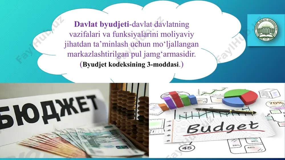 agicha ta’rif berishimiz mumkin: fiskal siyosat - bu davlatning davlat daromadlari va xarajatlarini tartibga solishga qaratilgan moliyaviy chora-tadbirlar majmuidir. fiskal siyosat - bu davlatning davlat xarajatlarini, soliqqa tortish va davlat byudjeti holatini o'zgartirish bo'yicha chora-tadbirlari bo'lib, aholi bandligini to'liq ta'minlash, to'lov balansi va yalpi ichki mahsulot ishlab chiqarishda iqtisodiy o'sishni ta'minlashga qaratilgan chora-tadbirlar. hozirgi kunda fiskal siyosatning uch xil mulohazalari mavjud bo‘lib ular quyidagilar: 1. neytral fiskal siyosat – odatda iqtisodiy muvozanatda bo‘ladi. u fiskal muvozanat indikatori o‘zgarmaganda boshqariladi, o‘zgarish yaimga nisbatan 0,4 foizni tashkil etadi. 2. kengaytirilgan fiskal siyosat – fiskal muvozanat yomonlashganini bildiradi, bunda defitsitning oshib ketishi yoki profitsitning kamayib ketishi va boshqa sabablar kelib chiqadi. 3. qisqartirilgan fiskal siyosat – fiskal muvozanat oshganini bildiradi bunda defitsitning pasayishi yoki profitsitning oshib ketishiga sabab bo‘ladi. fiskal siyosat iqtisodiyotni tartibga solishning bevosita va bilvosita usullarini o'z ichiga oladi. to'g'ridan-to'g'ri usullarga byudjetni tartibga solish usullari kiradi. davlat bilvosita usullardan foydalangan holda …