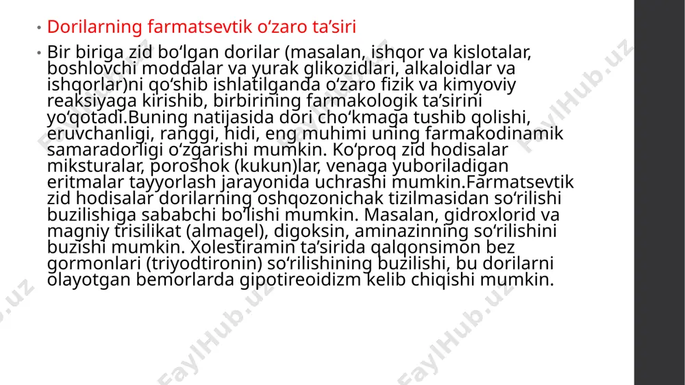 li chiqishini sezilarli o‘zgartirishi mumkin. siydik ishqoriy muhitida «kislotali» xossaga ega bo‘lgan dorilar (butadion, barbituratlar, sulfanilamidlar, salitsilat kislota) klirensini oshiradi. aksincha, kodein, morfin, novokainning buyraklar orqali chiqishi siydikning kislotali muhitida ko‘payadi. bu hodisa, masalan, barbituratlardan zaharlanganda yoki dorilarning salbiy ta’sirining oldini olish maqsadida (masalan, sulfanilamidlarni ishqoriy muhitli suyuqliklar bilan tavsiya etish) ishlatiladi nefrondagi sekretsiya yordamida chiqib ketishga raqobat natijasida ba’zi dorilarning buyrak klirensini kamaytirib, ularning organizmdagi miqdori ko‘payishiga olib keladi. shu yo‘l bilan digoksin sekretsiyasispironolakton, penitsillinlar, indometatsin, butadion, aspirin ajralib chiqishiga ta’sir qiladi, ya’ni ularning to‘planishiga olib keladi. furosemid — aminoglikozidlar, ampitsillin va sefalosporinlarning to‘planishiga va ularning salbiy ta’siriga sabab bo‘ladi [ularning sekretsiyasini bloklash (to‘xtatish) natijasida]. xinidin digoksinning ajralib chiqishini kamaytirishi natijasida uning qondagi miqdorini 2 marta oshirishi mumkin. glykokbrtykoydlar — salysylat syokretsiyasymy tyozlashtiradi, glyukokortikoidlarni t}gxtatish salitsilatlardan zaharlanishga olib kelishi mumkin. farmatsevtik dori vositalarining o'zaro ta'siri - bu dorilar tanaga kiritilishidan oldin sodir bo'ladigan dorilar ta'siridir. boshqa yo'l bilan aytishimiz …