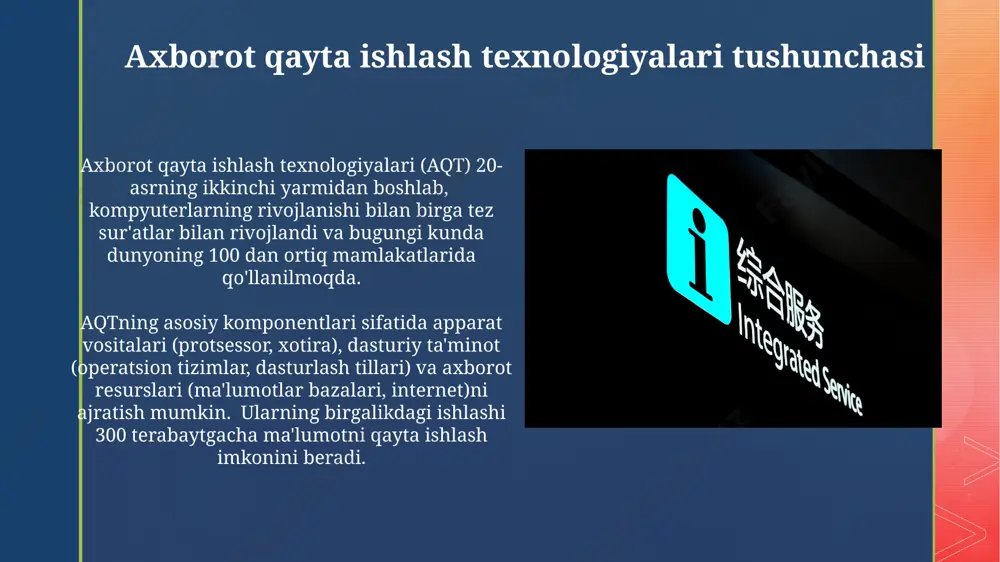 i sekundiga 1000 tagacha tezlikda tahlil qila oladi. axborot manbalari va ularning turlari sun'iy intellekt texnologiyalari orqali, masalan, google scholar yordamida, 2023 yilda dunyo bo'ylab chop etilgan 3 million maqolaga tegishli axborotga kirish mumkin. o'zbekistonning "uzbekistan national library" kabi milliy kutubxonalari 5 milliondan ortiq kitob va 10 mingdan ziyod elektron resurslarni o'z ichiga oladi, bu ulkan axborot manbai hisoblanadi. axborot texnologiyalarining ijtimoiy ta'siri axborot texnologiyalari, 2023-yil ma’lumotlariga koʻra, oʻzbekiston aholisining 70% dan ortigʻining kundalik hayotiga ta’sir koʻrsatib, ijtimoiy aloqalarni kuchaytirdi va 50 million dan ortiq mobil telefon foydalanuvchilarini birlashtirdi. sotsial media platformalari, masalan facebook va instagram, oʻzbekistonda 20 million dan ziyod foydalanuvchilarga ega boʻlib, jamoatchilik fikrini shakllantirishda muhim rol oʻynaydi va siyosiy jarayonlarga 15% ga yaqin ta’sir koʻrsatadi. kiberxavfsizlik va axborot himoyasi ўзбекистондаги маълумотларни ҳимоя қилиш бўйича 100 дан ортиқ мутахассисларни тайёрлайдиган 5 та йирик университет мавжуд бўлиб, уларнинг аксарияти тошкент шаҳрида жойлашган. киберхавфсизлик соҳасидаги 2023 йилги глобал харажатлар 150 …