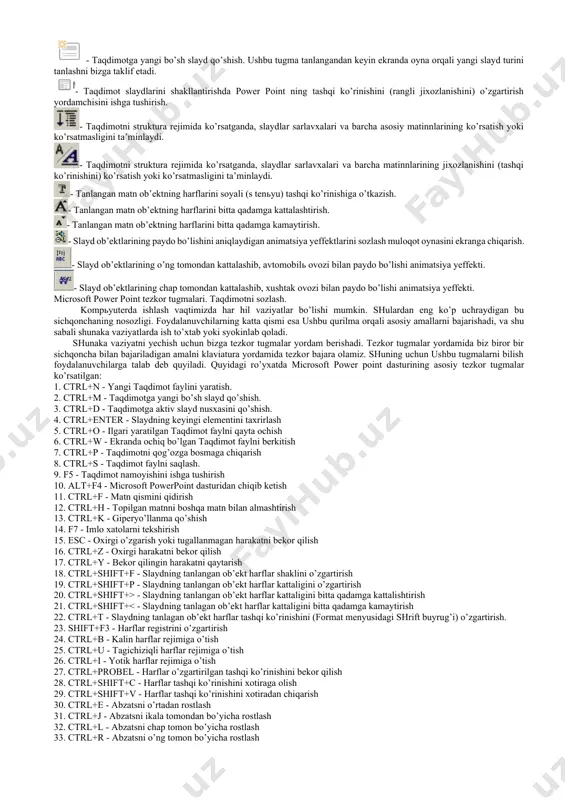 uter va proektor bilan birgalikda ishlaydi. elektron qalam faol ekran orqali kompьyuterni boshqarib, qalam kontekst menyu va bajaruvchi ikkita tugmachadan iborat. activboard - interfaol elektron doskaning windows tizimining istalgan ilovasida ishlay oladi. infraqizil portli panelь yordamida faol ekranni auditoriyaning istalgan joyidan turib boshqarish mumkin. kompьyuter tarmoqlar – asosan hozirgi kunda ko’p sohalarda qo’llanilayotgan ushbu texnologiyadan ham virtual mulьtimedia sifatida faydalaniladi. videokonferentsiyalar, masofali ta’lim, virtual ta’lim texnologiyalarini ham mulьtimedia texnologiyasi sifatida ishlatish mumkin. mulьtimedianing dasturiy ta’minotiga asosan grafik dasturlar, audio va video dasturlar hamda ushbu audio, video va grafik tahrirlovchi dasturlarni ko’rsatib o’tish mumkin. ovoz yozish dasturlariga zvukozapisь, soundrecorder dasturlarini misol keltirish mumkin. ovoz ma’lumotlarini tahrirlashda flstudio, sound editor kabi dasturlar ishlatiladi. grafik dasturlar multьtimedia dasturlarining asosiy negizidagi axborotlarni yaratadi va qayta ishlaydi. windows muhitida ishlovchi macintosh va ibm pc kompьyuterlari uchun mo’ljallangan elektron ko’rinishdagi foto tasvirlarni tahrirlovchi dasturdir. “adobe photoshop” dasturi adobe system, inc kompaniyasi tomonidan ishlab chiqarilgan bo’lib, ishlatishdagi …