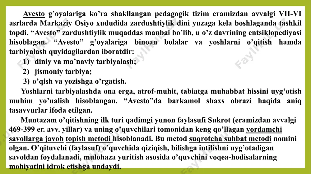 ish asosan og’zaki shaklda olib borilgan. biroq talabalar foydalangan o’quv adabiyotlari asta-sekin ancha ko’p qirrali, turli-tuman bo’lib boradi. maktab ta’limi erkaklar uchun mo’ljallangan. ammo har bir badavlat oila qiz bolani o’qitish uchun uyga o’qituvchini taklif etgan. dogmatik o’qitish o’rniga asta-sekin o’quv jarayonida ko’rgazmalilikni keng jalb etish natijasida tushuntirish, tushuntirish-namoyish etish kabi ta’lim shakllari qo’llanila boshlandi. ayni vaqtda respublika hududida faoliyat yuritayotgan zamonaviy ta’lim muassasalarida ta’limning eng muhim quyidagi uch turidan foydalanilmoqda: tushuntiruvchi-namoyish etuvchi ta’lim (u an’anaviy yoki axborot beruvchi ta’lim ham deb ataladi); muammoli o’qitish; - dasturlashtirilgan ta’lim yoki kompyuterli o’qitish. bugungi kunda o’rta asrda keng qo’llanilgan ta’lim turlari – dogmatik va sxolastik o’qitish elementlari ham saqlanib kelinmoqda. tushuntiruvchi-namoyil etuvchi ta’lim nomidan mohiyati anglanib turibdi. ko’rgazmalilik asosida tushuntirishning asosiy metodlari tinglash va eslab qolish sanaladi. tushuntiruvchi-namoyish etuvchi ta’lim turi vaqtni tejash, o’qituvchi va o’quvchilarning kuchlarini asrash, qiyin bilimlarni tushunishni osonlashtirish, ta’lim jarayonini ancha samarali boshqarishni ta’minlaydi. biroq muayyan kamchilikka ham …