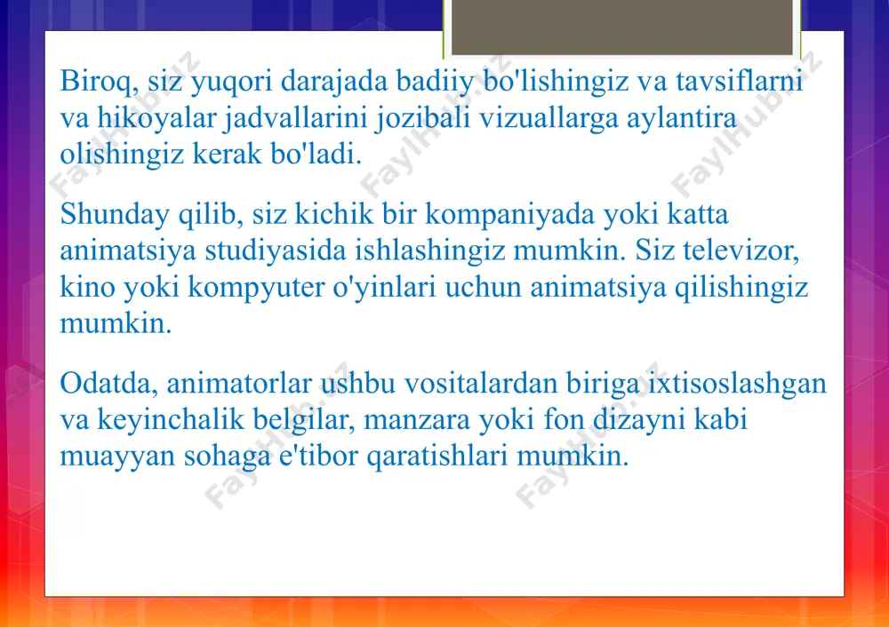 'zingizning belgilaringizdagi o'ziga xos his-tuyg'ular va fazilatlarni tiklashingiz mumkin. jamoa ishlash yana bir katta ishdir. animatsiya loyihalari hamkorlikni talab qiladi va siz yaxshi guruh a'zosi bo'lish va fikr va tanqidlarni boshqarish uchun mashq qilishingiz kerak. ilmiy daraja dasturi orqali animatsion ta'limi olayotgan talabalar bitiruv talablarining bir qismi sifatida stajirovka orqali ish tajribasini orttirishlari mumkin. rasmiy ma'lumotga ega bo'lmagan bitiruvchilar va animatorlar odatda to'liq animatsion lavozimlarga o'tishdan oldin bir muncha vaqt yordamchi lavozimlarda ishlashlari kerak. ushbu soha turli darajadagimahorat uchun ko'plab erkin imkoniyatlarni taklif etadi, bu orqali rassom qimmatbaho ish tajribasiga ega bo'lishi mumkin bo'lgan boshqa vositalarni taqdim etadi.boshqalar uchun animatsion qobiliyatingizdan foydalanish uchun ko'ngilli.ko'ngillilar xizmatisifatida qilingan professional ishdan rezyume va namoyish namoyishida tajriba sifatida foydalanish mumkin. o'zingizning malakangizni saqlang raqobat samarali bo'lishi uchun animatorlar dasturiy ta'minotning ilg'or xususiyatlarini o'rgatadigan va sanoat tendentsiyalariga murojaat qiladigan darslarga qatnashishlari kerak.dasturiy ta'minot ishlab chiqaradigan kompaniyalar va kollejlar ushbu kurslarni, jumladan autodesk va adobe-ni taklif …