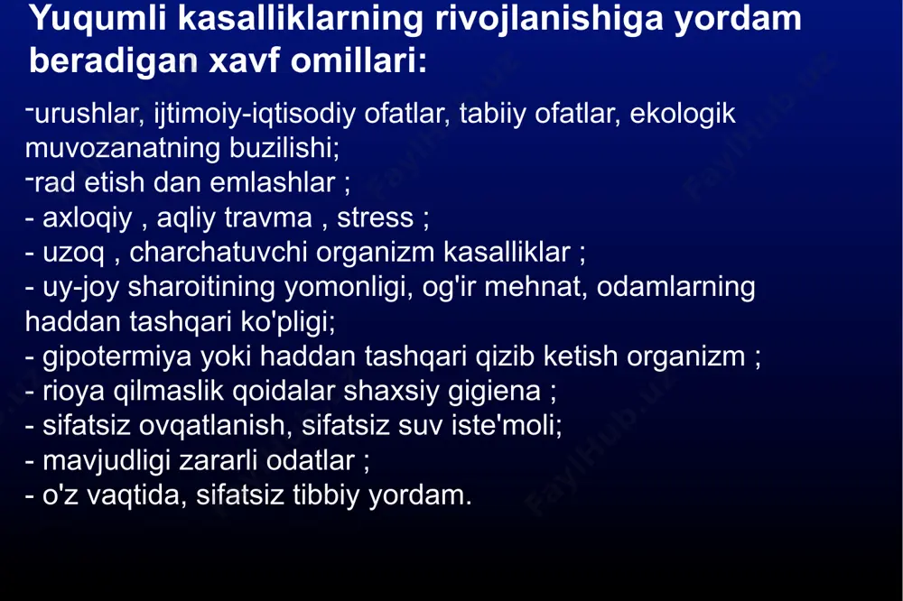 gan bakteriyalarni chiqarib yuboruvchilar ishdan to'xtatiladi, ro'yxatga olinadi va bakteriologik tekshiruvdan va sanitariyadan o'tkaziladi. yuqumli kasalliklarning keyingi tarqalishining oldini olish cheklovlar - bu rejimga nisbatan ko'rilgan choralar bemorlar bilan aloqada bo'lgan va infektsiya xavfiga duchor bo'lgan shaxslar . kontaktda bo'lgan shaxslar infektsiyaning potentsial manbai sifatida ko'rib chiqilishi kerak , chunki ular infektsiyalangan bo'lishi mumkin va inkubatsiya davrida yoki patogenlarni chiqaradi. cheklovchi choralar tibbiy kuzatuv, izolyatsiya va ajratishni o'z ichiga oladi. tibbiy nazorat muayyan vaqt davomida amalga oshiriladi, belgilangan ma'lum bir kasallik uchun inkubatsiya davrining maksimal davomiyligi. u aloqada bo'lgan shaxslarni so'roq qilish, tekshirish, haroratni o'lchash va laboratoriya sinovlarini o'z ichiga oladi. tibbiy kuzatuv kasallikning dastlabki belgilarini aniqlash va bemorlarni o'z vaqtida izolyatsiya qilish imkonini beradi. tarqoqlik kabi cheklovchi rejim chorasi qo'llaniladi uyushgan bolalar va dekretli kasblarga ega bo'lgan kattalarga nisbatan. har bir yuqumli kasallik bo'yicha ko'rsatmalarda belgilangan muddatda ularga muassasalarga tashrif buyurish taqiqlanadi. bir qator infektsiyalarda (shu jumladan, o'ta xavfli) …