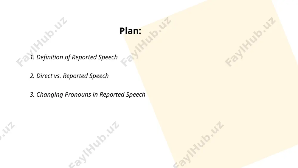 the speaker's gender. "we" typically changes to "they." similarly, "my" changes to "his" or "her," while "our" becomes "their." it's crucial to evaluate the context to decide on appropriate pronoun shifts. if the original speaker is mentioned in the reporting clause, pronouns need to reflect this relationship. correctly transitioning pronouns ensures clarity and accuracy in communication when conveying someone else's statements indirectly. ... t.me/slaydai_bot 4. tense changes in reported speech in reported speech, tense changes occur to align with the perspective of the speaker, often shifting from present to past. common transformations include present simple to past simple (e.g., "she says, 'i live here'" becomes "she said she lived there"), present continuous to past continuous (e.g., "he is eating" becomes "he was eating"), and present perfect to past perfect (e.g., "they have left" becomes "they had left"). past simple typically changes to past perfect (e.g., "she left" becomes "she had …
