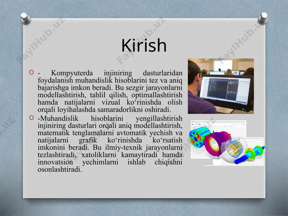 cpu. o‘rnatish: installer-ni ishga tushirib, ko‘rsatmalarga amal qiling. aktivatsiya (agar kerak bo‘lsa): litsenziya kalitini kiriting yoki hisob orqali faollashtiring. muammolar yuzaga kelsa, rasmiy hujjatlardan yoki qo‘llab-quvvatlashdan yordam oling — tez va ishonchli. workbench dasturini ishga tushirish start menyusiga kiring (windows tugmasini bosing). qidiruv maydoniga “workbench” deb yozing. natijada chiqadigan belgini tanlab, ustiga bosing. agar dastur ko‘rinmasa, all programs bo‘limidan topishingiz mumkin. tezkor foydalanish uchun uni taskbar yoki desktop ga chiqarib qo‘yish mumkin. asosiy interfeys oynasi project schematic – loyiha tuzilmasini ko‘rsatadi. bu yerda hisoblash bosqichlari va modellar ketma-ketligi aks etadi. har bir modul (geometry, mesh, setup, solution, results) shu oynada bog‘lanadi. toolbox – mavjud vositalar, modullar va funksiyalar joylashgan panel. u orqali yangi hisoblash vositalarini qo‘shish mumkin. outline – tanlangan modul yoki ob’ektning batafsil tuzilishini ko‘rsatadi. masalan, geometriya elementlari, mesh darajalari, chegaraviy shartlar shu yerda tartiblangan. workbench modullari engineering data – materiallarning xossalarini belgilash bo‘limi. bu yerda elastiklik moduli, zichlik, …