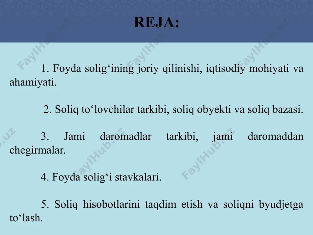 tar, qolgan mablag‘lar esa korxona tomonidan emas, balki yuqori tashkilot topshirig‘iga ko‘ra tegishli jamg'armalarga taqsimlanar edi. bozor munosabatlari rivojlanishi bilan iqtisodiyotni soliqlar yordamida tartibga solish xususan, foydadan ajratmalar o‘rniga daromad solig‘ini joriy etish zarurati paydo bo‘ldi va 1992-yildan boshlab barcha turdagi xo‘jalik yurituvchi subyektlar «daromad» solig‘ini to‘lashga o‘tdilar. o‘zbekiston respublikasi rubl mintaqasida qolib turgan vaqtda daromad solig‘ini olishga o‘tish pul qadrsizlanishi tufayli ish haqi o‘sishini cheklash uchun davlat tomonidan majburiy chora bo‘ldi. bunday sharoitda ishlab chiqaruvchilarning moliyaviy ahvoli yomonlasha boshladi. natijada mahsulotga talab pasayib, sotishdan olingan tushum hajmi kamaygani holda, ular o‘z ishlab chiqarishlari yo‘nalishini o‘zgartirishga, foyda olmasalar ham juda katta miqdorda ishchilarga ish haqi to‘lashga majbur bo‘ldilar. bunday holatda amaliyotda korxonalar hisobot davrida faoliyatlarini foyda bilan yakunlamasada, daromad solig‘ini ish haqi jamg'armasidan belgilangan stavkada to‘lashga majbur edilar. foyda solig‘ining joriy qilinishi, iqtisodiy mohiyati va ahamiyati 1995-yil 1-yanvardan boshlab soliqlarning rag‘batlantiruvchi rolini kuchaytirish maqsadida mamlakatimizda korxonalarning foydasidan olinadigan soliq joriy …