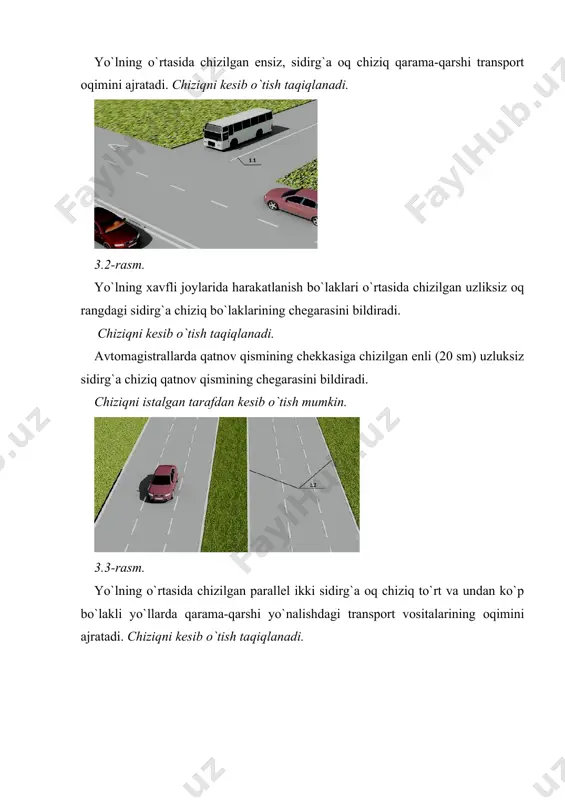 ngan” (2.5) belgisi oldida haydovchi to`xtashi lozim bo`lgan joyni ko`rsatadi. bu chiziq “to`xtash” axborot-ishora belgisi (5.33) bilan ham qo`llanilishi mumkin. 3.10-rasm. yo`l belgi chizig`i bir qator bo`lib terilgan uchburchaklar, 1.20 bitta katta uchburchak. “yo`l bering” belgisi bilan qo`llanib, kesishgan yo`lda harakatlanayotgan transport vositasiga yo`l berish zarur bo`lganda, haydovchi to`xtashi lozim bo`lgan joyni ko`rsatadi. yo`l chekkasida o`rnatilgan “yo`l bering” belgisi ko`rinishi cheklangan kunning bo`laklaridagi yo`llarda qo`llanilishi mumkin. 3.11-rasm. yo`l belgi chizig`i parallel chizilgan keng uzluksiz chiziqlar (“zebra”) piyodalarning o`tish joyini bildiradi. “piyodalar o`tish joyi” (5.16) axborot-ishora belgisi bilan qo`llanilishi mumkin. yo`lning bunday joylarida, haydovchi shu yo`nalishning qatnov qismida bo`lgan piyodalarni o`tkazib yuborish kerak 3.14-rasm yo`l belgi chizig`i svetofor yordamida, tartibga solinadigan piyodalarning o`tish joyi. svetoforning qizil chirog`i yashilga almashib, piyodalar qatnov qismini tark etishga ulgurmagan bo`lsa, haydovchi piyodalarning shu yo`nalish bo`yicha o`tib olishlariga imkon berishi kerak (yhq. 16.3). yo`l belgi chizig`i velosiped yo`li kesib o`tgan joy. bunday boshqarilmaydignn kesishmada velosiped haydovchisi …