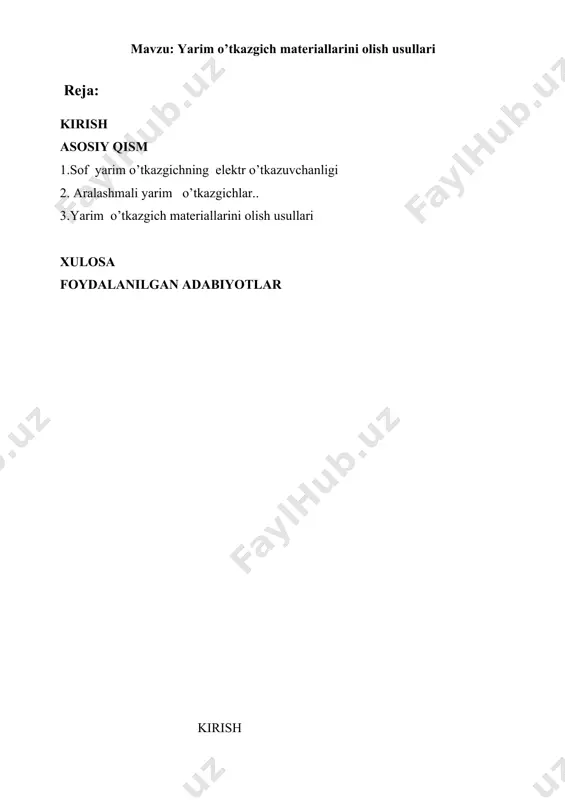 ahamiyati: yarim o’tkazgichli materiallarni hozirgi zamon talablari asosida olish va uni taraqqiyotning muhim bosqichlarida ishlatishdan iborat . shu o’rinda birinchi prezidentimiz i.a.karimovning quyidagi so’zlarini keltirish joiz : ,, men yoshlarimizga, mening bolalarimga qarata, o’rganishdan hech qachon charchamanglar, deb aytmoqchiman. o’rganish, intilish hech qachon ayb sanalmaydi. nimanidir bilmasang, uni o’rganish zarur. avvalambor, endi hayotga kirib kelayotgan yoshlarga nima lozim? o’rganish, o’rganish va yana bir bor o’rganish kerak. kasb o’rgangan, ilm o’rgangan kishi, o’zbekona aytganda hech qachon kam bo’lmaydi. “ ,,agar biz o’z vaqtida uzoqni ko’zlab, katta umid bilan hayotga kirib kelayotgan yoshlarimizning chuqur bilim va kasb – hunar egallashi uchun zamin yaratmasak, ularni zamon talab qiladigan mutaxasis kadrlar etib tayyorlamasak, bugungi kunda, butun dunyoni qamrab olgan moliyaviy iqtisodiy inqiroz davrida yurtimizda tinchlikni saqlab, iqtisodiyotimizning barqaror o’sish sur’atlarini taminlashga, ayni shunday og’ir sharoitda xalqimiz hayotining tobora yuksalishiga erisha olarmidik. yo’q, albatta. “ shunday ekan biz yoshlar bizga yaratilgan imkoniyatlardan unumli foydalangan holda …