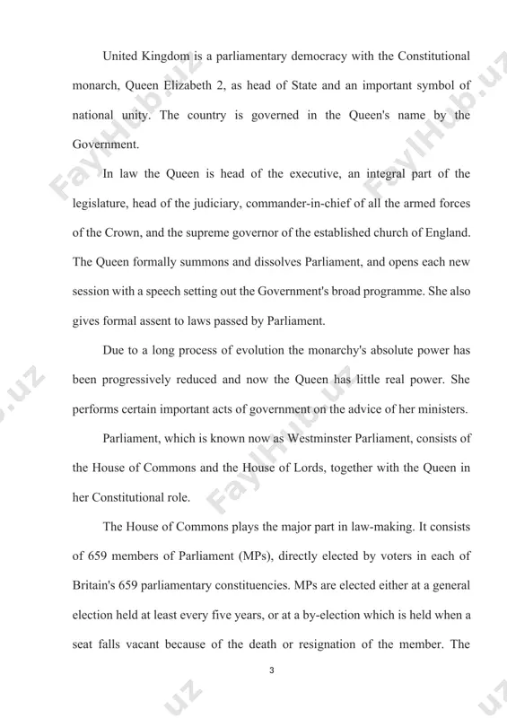 r ministers. parliament, which is known now as westminster parliament, consists of the house of commons and the house of lords, together with the queen in her constitutional role. the house of commons plays the major part in law-making. it consists of 659 members of parliament (mps), directly elected by voters in each of britain's 659 parliamentary constituencies. mps are elected either at a general election held at least every five years, or at a by-election which is held when a seat falls vacant because of the death or resignation of the member. the minimum voting age is 18 but voting is not compulsory. elections are by secret ballot. the house of commons is directly responsible to the electorate. the house of commons is presided over by the speaker, an impartial member acceptable to the whole house. the house of lords, the upper house of the united kingdom parliament, was …
