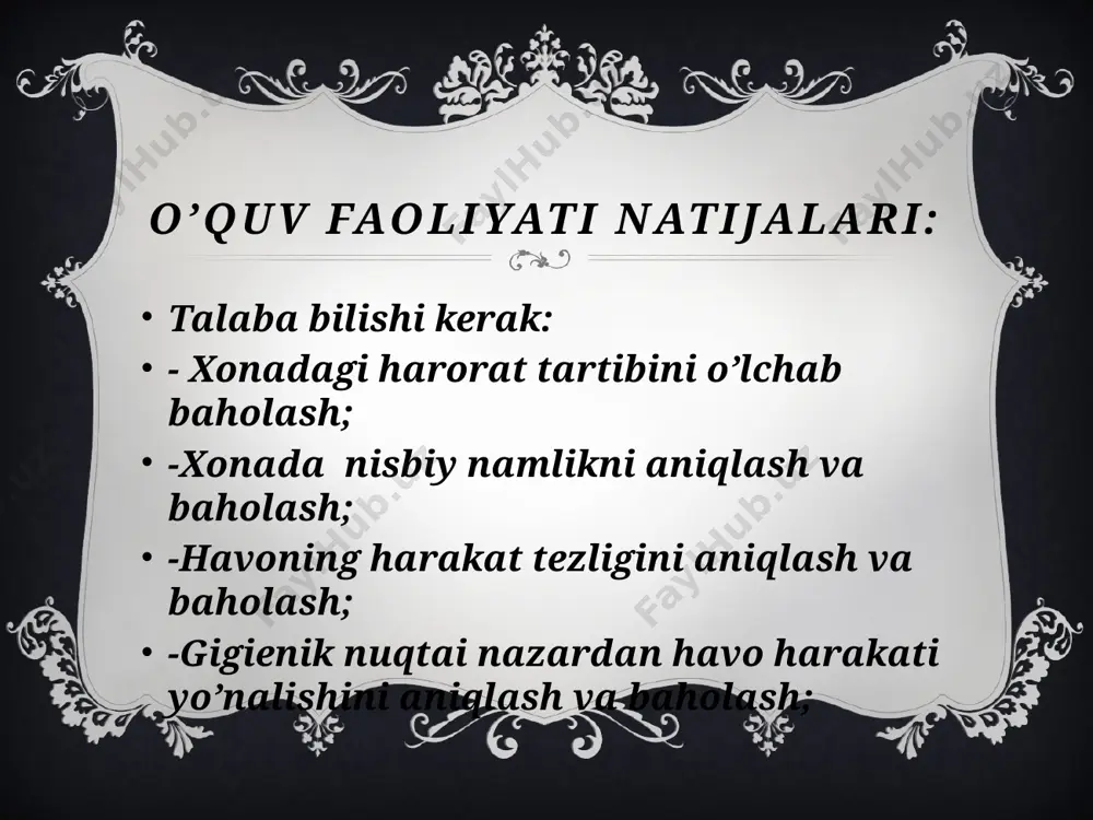 o’rsatishidagi harorat bo’yicha suv bug’larining maksimal tarangligi. jadvaldan topiladi; tho’l-ho’l tarmometrning ko’rsatishi; nisbiy namlikni hisoblash nisbiy namlik=(a:mquruq)x 100%, bu yerda mquruq -quruq termometr ko’rsatishi bo’yicha suv bug’larining maksimal tarangligi, jadvaldan topiladi. t quruq - quruq termometrning ko’rsatishi; 0.5-psixrometrik koeffitsient; 755-barometrik bosimning o’rtacha qiymati; mutlok namlikni hisoblash: havoning katta harakati tezligini aniqlash moslamalari: kosachali va qanotchali anemometrlar havoning katta harakati tezligini aniqlash: 1. asbobning shkalasidagi ko’rsatkichni yozib olish 2. asbobning kosachalari yoki qanotcha-larini harakatlanishi uchun imkoniyat yaratish, belgilangan joyga o’rnatish 3. asbob richagini ishchi holatiga o’tkazish va 3 daqiqaga qo’yish (t,sek) 4. shkaladagi ko’rsatkichlarni yozib olish va asbobni o’chirish 5. asbobni keyingi va oldingi ko’rsatkichlari orasidagi farqni topish (a) 6. aylanishlar sonini sekundlarda hisoblash (v): v = a : t 7. topilgan sekundlardagi aylanishlar soniga bog’liq holda grafik bo’yicha havoning harakat tezligi (m/s) topiladi havoning kichik harakati tezligini aniqlash moslamalari: havoning kichik xarakati tezligini aniqlash: 1. spirt yuqorigi rezervuarning o’rtasiga ko’tarilguncha, …