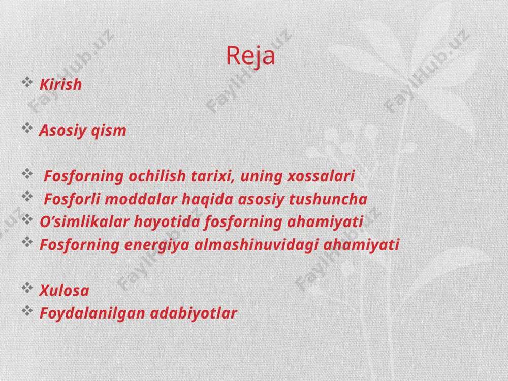 rat qiladi. chunki oqsil malekulasiga fosforning kirishi tufayli undagi zaryad qayta raqsimlanadi. buning natijasida esa oqsil malekulalarining tuzilishi, modifikatsiyasi va vazifalari o’zgaradi. oqsillarning fosforillanishi rnk va oqsil biosintezi, xujayralarning bo’linishi va differensiyasi va boshqa jarayonlarga faol ijobiy ta’sir ko’rsatadi. fosforning biosferadagi aylanishi sxemasi atf termadinamik barqaror birikma bo’lib, u adf yoki amf hosil qilish yo’li bilan gidrolizlanadi. atf pirofosfat bog’lari adf bilan fasfat kislata birikishi natijasida hosil bo’ladi. bunday xildagi fosforillanish reaksiyalari xloroplastlarda, mitohondriyalar va ba’zi bir bakteriyalar membranasida amalga oshadi. amf ning adf ga aylanishi fosforil --o—p-- guruhining atf dan adf ga ko’chirilishi orqali amalga oshadi. xulosa bu kurs ishimfdn xulosam shuki, fosforning o’simliklar hayotidagi o’rni beqiyos ekan. fosfor o’simliklar tomonidan organik ko’rinishda, ortofasfot, uning tuzlari ko’rinishida yutilgach o’simlik hayoti uchun zarur bo’lgan barcha metobolizm jarayonlaridagi reaksiyalarda qatnashadi . fosfor nuklein kislatalar, fosfolipidlar, fosfoproteinlar , vitaminlar, fermentlar, kofermentlar tarkibida ucrab , nafas olish, oksidlanish- qaytarilish reaksiyalari va fotosintez kabi …