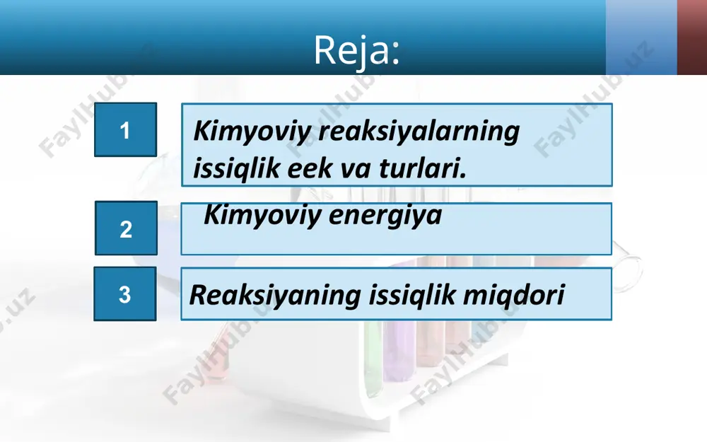 yasi farqi bilan aniqlanadi va kilojoullarda (kj) ifodalanadi. kimyoviy reaksiyalar davomida issiqlik (energiya) chiqishi yoki yutilishiga qarab ham ekzotermik va endotermik reaksiyalarni farqlash mumkin. ekzotermik endotermik issiqlik (energiya) yutilishi bilan boradigan reaksiyalar endotermik (endo – ichkari) reaksiyalar deb ataladi. bu reaksiyalarda issiqlik miqdori «–» (minus) ishora bilan ko‘rsatiladi: n2 + o2 = 2no – 181 kj; 3o2 = 2o3 – 289 kj. image2.jpeg image3.jpeg image4.jpeg image5.jpeg image6.jpeg image7.jpeg image8.jpeg image9.jpeg image10.jpeg image11.jpeg image12.jpeg image13.jpeg image14.jpeg image15.jpeg image16.jpeg image17.jpeg image18.jpeg image19.jpeg image20.jpeg image21.jpeg image1.jpeg