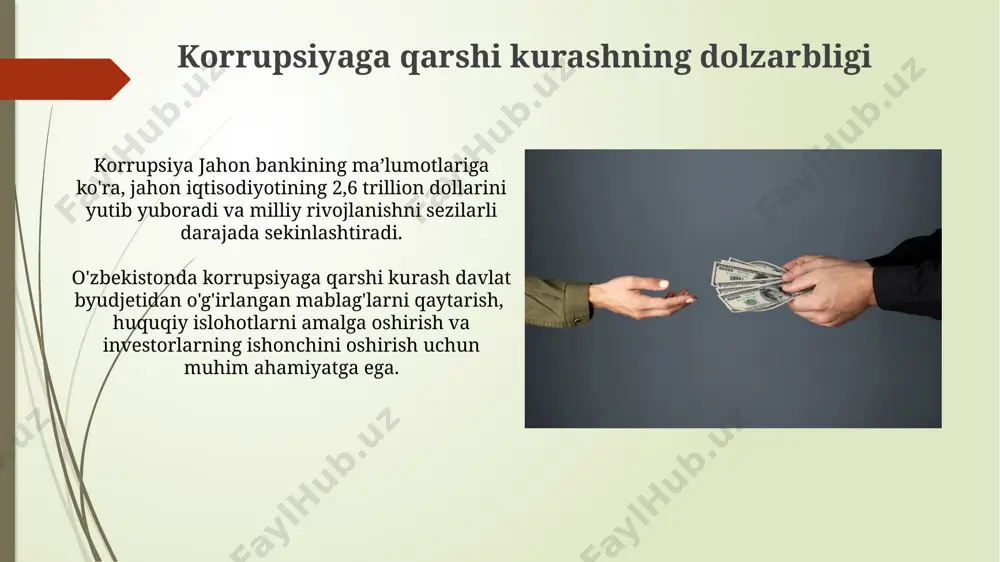 tgan, bu oldingi yilga nisbatan 15% ga oshganligini ko'rsatadi. korrupsiya turlari va shakllari tenderlarda noqonuniy kelishuvlar orqali davlat buyurtmalarini olish, korrupsiya sohasida 20% dan ortiq holatlarni tashkil etib, katta miqdordagi mablag'larni o'zlashtirishga olib keladi. davlat xizmatchilarining o'z vakolatlaridan shaxsiy boylik orttirish maqsadida foydalanishi, ya’ni mansab suiiste’moli, korrupsiyaning jiddiy shakllaridan biri bo'lib, milliy byudjetga 10% gacha zarar yetkazishi mumkin. e'tiboringiz uchun rahmat @taqdimot_robot image1.jpg image2.jpg image3.jpg image4.jpg image5.jpg image6.jpg image7.jpg image8.jpg image9.jpg image10.jpg image11.jpg image12.jpg image13.jpg image14.jpg