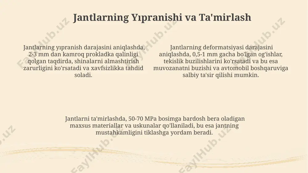 i) ularning chidamliligi va ishonchliligini belgilaydi, bu esa xavfsizlik uchun muhim ahamiyatga ega. jantlarning materiallari va ularning ta'siri karbon tolali jantlarning yuqori qattiqligi va 50% gacha engilligi tufayli boshqaruvni yaxshilaydi va avtomobilning dinamikasini oshiradi. alyuminiy jantlar po'lat jantlarga nisbatan 30% ga engilroq bo'lib, avtomobilning yoqilg'i sarfini kamaytiradi va tormozlash masofasini qisqartiradi. po'lat jantlarning narxi nisbatan arzonroq bo'lsa-da, ularning og'irligi 15-20 kg gacha yetishi mumkin, bu esa avtomobilning ishlash xususiyatlariga salbiy ta'sir ko'rsatadi. jantlarning tugashi turlari jantning tugashiga bog'liq holda, 2-3 mm gacha bo'lgan o'lchovli farqlar kuzatilishi mumkin, bu aniqlikni talab qiluvchi montaj ishlarida muhim ahamiyat kasb etadi. jantlarning tugash burchagi 15° dan 45° gacha o'zgarishi mumkin, bu esa kuchlanish va chidamlilik ko'rsatkichlariga ta'sir qiladi. jantlarning tugashi turlari orasida 3 asosiy tur mavjud: to'g'ri, qiya va egri, har biri o'ziga xos xususiyatlarga va ishlov berish usullariga ega. e'tiboringiz uchun rahmat @taqdimot_robot