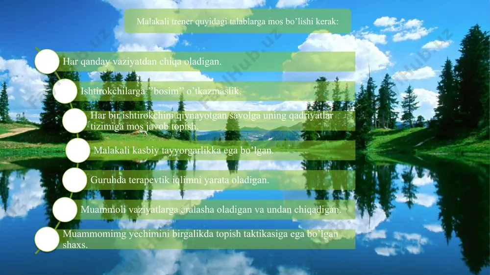 atan ishonchning mavjudligi, real tafakkurga va kuchli irodaga ega bo‘lishi kerak. ishtirokchilarning ehtiyoj va qiziqishlariga qarshi bormasligi kerak. rejalashtirish qobiliyatining bo‘lishi, bunda kutilayotgan jarayonning barcha muhim va nomuhim jihatlarini oldindan taxminan bo‘lsa ham tasavvur qilib, aniq reja tuza olishi kerak. o‘z xatti-harakatlarini doimo ma’lum maromda ushlash, kerak bo‘lsa o‘zidagi motorikani rivojlantirgan bo‘lishi kerak trenerlik qobiliyatiga oid talablar : trenerning mashg‘ulotni qanday olib borishidan tashqari uning o‘zi ham ishtirokchilarga juda katta ta’sir ko‘rsatadiki, bunda asosan ikki narsaga e’tibor qaratiladi: 1. trenerning kiyinishi (imidji). 2. trenerning hatti-harakatlari, qiliqlari, odatlari. trenerning kiyinishi guruhda u haqdagi dastlabki tasavvurning ijobiy yoki salbiy bo‘lishiga, guruh uni qabul qilishi yoki qabul qilmasligiga olib kelishi mumkinki, bu holat trening jarayoniga ham, albatta, o‘z ta’sirini ko‘rsatishi tabiiy. trenerning bezaklari ham tahlil qilinishga loyiq. trener uchun haddan ortiq bezaklar bilan bezanish maqsadga muvofiq emas. trener avvalo trening qanaqa guruh uchun mo‘ljallanganligini e’tiborga olishi zarur. lekin imkon darajasida treningga ishchi formada …
