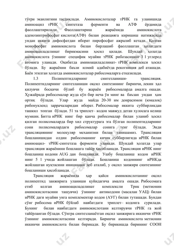 prokariotlarda esa bitta gen operator va bir nechta strukturaviy gen kodlangan bo'ladi. har qaysi irnk molekulalari hujayrada bir necha daqiqa faoliyat ko'rsatadi. shu qisqa vaqt ichida u quyidagi ikkita funktsiyani bajarishga ulguradi: a) dnk dagi oqsil strukturasi haqidagi genetik axborotni o'zida kodlab ribosomalarga etkazadi; b) ribosomalarda polipeptid zanjirlarining sintezlanishini ta'min etadi. o'z funktsiyasini bajarib bo'lgan irnkning o'rniga yangilari sintezlanib turadi. polipeptidlarning biosintezi quyidagicha kechadi: 1.1. irnk ning ribosomalar bilan ulanib polisomalar hosil qilishi. hujayra yadrosida sintezlangan irnk yadro po'sti poralari orqali tsitoplazmaga o'tib tsitoplazmaning oqsil sintezlanadigan organoidlari ribosomalarga ulanadi. bir qancha ribosomalar va irnk ulanishi natijasida hosil bo'lgan kompleksni poliribosomalar yoki ixchamroq qilib polisomalar deyiladi. irnk ribosomalarning yirik va kichik subbirliklari orasidan o'tib, o'zida bir qancha ribosomalarni ipga marjon donalarini qator tizganday qilib birlashtiradi. 1.2. aminokislotalarning ribosomalarga keltirilishi. qsillar, polipeptid zanjirlari tarkibiy qismi bo'lmish faol-langan holdagi aminokislotalarni tsitoplazmadan ribosomalarga etkazish funktsiyasini trnk molekulalari bajaradi. transport rnk(trnk) odatda80 ga yaqin nukleotidlardan …