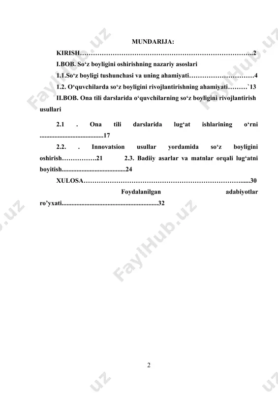 tli bo‘ladilar. zamonaviy o‘quv dasturlari va pedagogik metodlar, shuningdek, o‘quvchilarning nutqiy qobiliyatlarini rivojlantirishga yo‘naltirilgan. ammo, har qanday metodning samarali bo‘lishi uchun o‘quvchilarning so‘z boyligini oshirishga alohida e’tibor qaratilishi zarur. shu sababli, bu mavzu nafaqat o‘qituvchilar, balki ta’lim muassasalari, psixologlar va boshqa mutaxassislar uchun ham dolzarbdir. kurs ishining dolzarbligi, shuningdek, o‘quvchilarning so‘z boyligini oshirishning zamonaviy pedagogik usullari va metodlarini tadqiq etishda, amaliy yondoshuvlarni ishlab chiqishda, o‘quvchilarning fikr ifodalash va mantiqiy fikrlash qobiliyatlarini mustahkamlashga qaratilganligini ko‘rsatadi. bunday tadqiqotlar ta’lim tizimida yuqori samaradorlikni ta’minlashda muhim rol o‘ynaydi. kurs ishining maqsadi:ona tili darslarida o'quvchilarning so'z boyligini oshirish usullarini tahlil qilish, ularni samarali qo'llash yo'llarini aniqlash hamda o'quvchilarda so'z boyligini shakllantirishga qaratilgan metodik tavsiyalar ishlab chiqish. kurs ishining vazifalari:so'z boyligini oshirishning nazariy asoslarini o‘rganish: ona tili va so‘z boyligining ta’riflari, uning ahamiyati hamda o‘quvchilarda so‘z boyligini rivojlantirishga bo‘lgan ehtiyojni tahlil qilish. ona tili darslarida so‘z boyligini oshirish usullarini aniqlash: leksik, grammatika va sintaksis, o‘qish va …