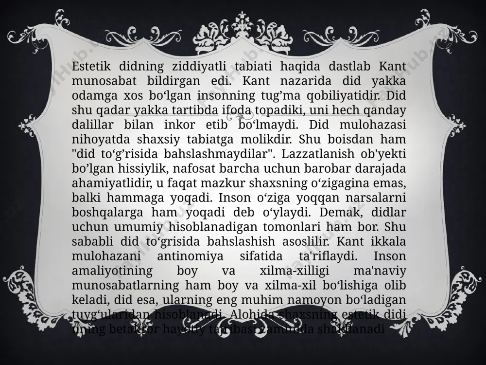 ehnat faoliyati, unipg natijalari, moddiy va ma'naviy qadriyatlarida o‘z ifodasini topadi. esgetik his-tuyg‘ullr - olamni estetik anglash asosida shakllangan his-tuyg‘ular. ular inson ongining ajralmas tomoni bo‘lib, nafosatli ong sohasida maxsus o‘rin tutadi. ular estetik ongning alohida qatlami, uning poydevorini tashkil qiladi. estetik his –tuyg’ular estetik ongning barcha jabhalariga sayqal beradi va boyitadi. ruhiy hayotning boshqa bo‘laklari singari , estetik his –tuyg’ular ham voqyelik in'ikosini antlatadi, lekin bu tarzdagi in'ikos etish alohida tusda qaror topadi. ularda bilish, kechinmalar o’zaro chirmashib ketgan bo‘ladi. his-tuyg‘ular hamma vaqt insonning o‘z ehtiyojlari qondirilishi yoki qondirilmasligiga bo‘lgan munosabati bilan bog‘liq holda vujudga keladi. o‘z mohiyatiga ko’ra, ijtimoiy tabiatli ma'naviy hosilani tashkil etgan nafosatli his-tuyg‘ular ma'lum fiziologik asoslar va shart-sharoitlarga ham ega. ular birinchi va ikkinchi ogohlantirish (signal) sistemalarining amal qilishi bilan bog‘liq bo‘lib, ularni fiziologik hamda ruhiy- fiziologik jihatlardan ham o‘rganish imkoniyatini yaratadi. estetik his –tuyg’ular o‘z shakli, o‘zining namoyon bo‘lishi va amal qilishi jihatidan sub'yektiv …