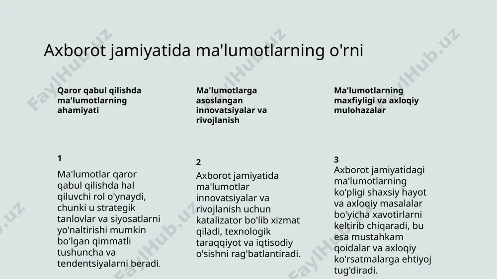 nish va tabiiy tilni qayta ishlash kabi sun'iy intellekt texnologiyalari sog'liqni saqlash, moliya va transport kabi sohalarni o'zgartirib, samaradorlik va qarorlar qabul qilishni oshiradi. katta hajmdagi ma'lumotlarni to'plash va tahlil qilish tashkilotlarga qimmatli tushunchalarga ega bo'lish, ma'lumotlarga asoslangan qarorlar qabul qilish va mijozlar tajribasini yaxshilash imkonini beradi. axborot jamiyatida boshqaruv va tartibga solish ma'lumotlar maxfiyligini global boshqarish milliy kiberxavfsizlik qoidalari internet boshqaruvi va ko'p manfaatli tomonlar modeli evropa ittifoqining umumiy ma'lumotlarni himoya qilish to'g'risidagi reglamenti (gdpr) axborot jamiyatida shaxsiy ma'lumotlarni himoya qilishning global standartini belgilaydi. qo'shma shtatlar va xitoy kabi davlatlar o'zlarining muhim infratuzilmalari va fuqarolarini kiber tahdidlardan himoya qilish uchun milliy kiberxavfsizlik qoidalarini joriy qildilar. icann va internetni boshqarish forumi kabi tashkilotlar global internet infratuzilmasini boshqarish va siyosatni ishlab chiqish uchun ko'p manfaatli modeldan foydalanadi. ta'lim va axborot jamiyati 1 2 3 ta'limda texnologiyaning o'rni raqamli savodxonlik va axborotga kirish axborot jamiyatining o'quv dasturiga ta'siri ta'lim texnologiyalari o'z ichiga …