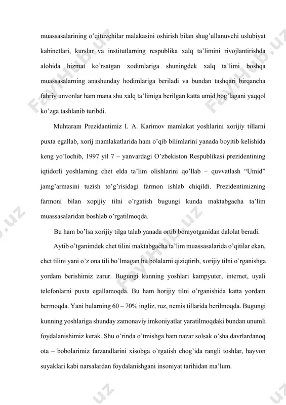 uv – tarbiya jarayonini texnikalashtirish bilan tarihiy ahamiyatga molik. chet tili o’qitish metodlari tarihi. chet tillariga bo’lgan qiziqish va uning tarihi ko’hna zamonlarga borib taqaladi. turli tillarda so’zlashuvchi xalqlar o’zaro qiyinchilik, bordi keldi, savdo va iqtisodiy aloqalar orqali bir – birining urf odatini, xayot tarzini, ilmiy merosini, yangiliklarini o’rganganlar. shu sababli chet tillarini ham amaliy, ham ta’limiy maqsadlarda o’rgana boshlaganlar. qadimiy misr, rumo, yunoniston va suriya bilan bir qatorda bizning o’lkalarda ham turkiy zabon halqlar fors va arab tillarini o’rganganlar. o’rta asr adabiy yodgorliklar va ovro’pa tillariga kirib kelgan horijiy tillardagi so’zlar shundan dalolat beradi. o’rta asrlarda ko’p tillik ziyolik xalq ommasi o’rtasida keng tarqalgan bo’lib bu ananaga aylangan. mashriqdan mag’ribgacha bo’lgan hududlarda yashovchi xalqlarning chet til o’rganish tarihi bir necha jildlik metodik asar bo’lishi mumkin. shunga asosan biz metodikaning rivojlanish tarihi haqida fikr yuritamiz. chet tili o’qitish tarihida asosan metodlar 4 – nom bilan ataladi. 1. tarjima metodi. 2. …