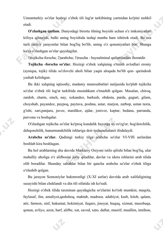 cha arabcha so'zlar o'zbek tiliga o'zlashib qolgan. bu jarayon somoniylar hukmronligi (x-xi asrlar) davrida arab xalifaligining susayishi bilan cheklandi va din tili sifatida ish ko'radi. hozirgi o'zbek tilida taxminan quyidagicha so'zlarini ko'rish mumkin; maqola, faylasuf, ilm, amaliyot,qashshoq, maktab, madrasa. adabiyot, kasb, kitob, qalam, atir, farmon, sinf, hukumat, hokimiyat, fuqaro, jinoyat, huquq, xizmat, musobaqa, qonun, avliyo, azon, harf, alifbe, xat, savod, xato, daftar, maorif, muallim, imtihon, talaba, axloq, insho va boshqalar. o'zbek tiliga arab so'zlari ikki xil yo'l bilan o'zlashgan. birinchidan, maktab, madrasa, kitob, din,davlat tizimi orqali kirgan. masalan, maktab, dars, qalam,kitob, nashriyot, muharrir, muallif, matbuot, jild, nusxa, xat, tarbiya, ta'lim, saboq; ikkinchidan, eroniy tillar orqali kirgan. masalan, baquvvat, qarzdor, g'amxo'r, mansabdor va boshqalar. ruscha -baynalminal so'zlar. rus tili va u orqali baynalminal so'zlarning o'zbek tiliga o'zlashishi xix asming ikkinchi yarmidan boshlandi. bunday so'zlar, asosan, ikki yo'l bilan, birinchidan, rossiyaning markaziy osiyoni xususan, xonliklarni bosib olishi ikkinchidan, turli siyosiy, madaniy aloqalar, …
