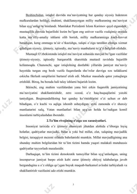lar mavjudki, bular u yoki bul millat, elat, xalqning mavjudlik belgisi, taraqqiyot mezoni sifatida baholanishi mumkin. millat mavjudligining ana shunday muhim belgilaridan bir ta’lim tizimi hamda yuqori malakali mutahassis qadriyatlar tayyorlash masalasidir. darhaqiqat, ta’lim tizimi demokratik tamoyillar bilan uyg’unlashgan, uning insonparvar jamiyat barpo etish kabi zarur ijtimoiy ehtiyoj talabalariga javob bergandagina u o’z oldiga qo’ygan buyuk maqsab-barkamol avlodni tarbiyalash va shakllantirish vazifasini ado etishi mumkin. umuman, 1992 yilda qilingan «тa’lim to’g’risida»gi qonun o’zbekiston ta’lim tizimini isloh qilishda ma’lum rol o’ynadi. mazkur hujjat sho’rolar mustabid tizimi davridan «meros» bo’lib qolgan, kommunistik mavkuraga xizmat qiluvchi mafkuraviy yangi sharoitdagi vaziflariga to’liq javob bera olmadi edi. shuning uchun ham o’zbekiston hukumati ta’lim tizimini to’liq isloh etishga qodir hujjatlarni qabul qilishga e’tiborni kuchaytirish va bu bosh islohotchilik yo’lini o’ynadi. o’zbekiston respublikasi oliy majlisi ix sessiyasida tamomila yangi, sifat jihatdan mukammal «тa’lim to’g’risida»gi qonun va kadrlar tayyorlash milliy daturlarini ishlab chiqdi. mamlakat prezidenti yuqorida qayd etilgan …