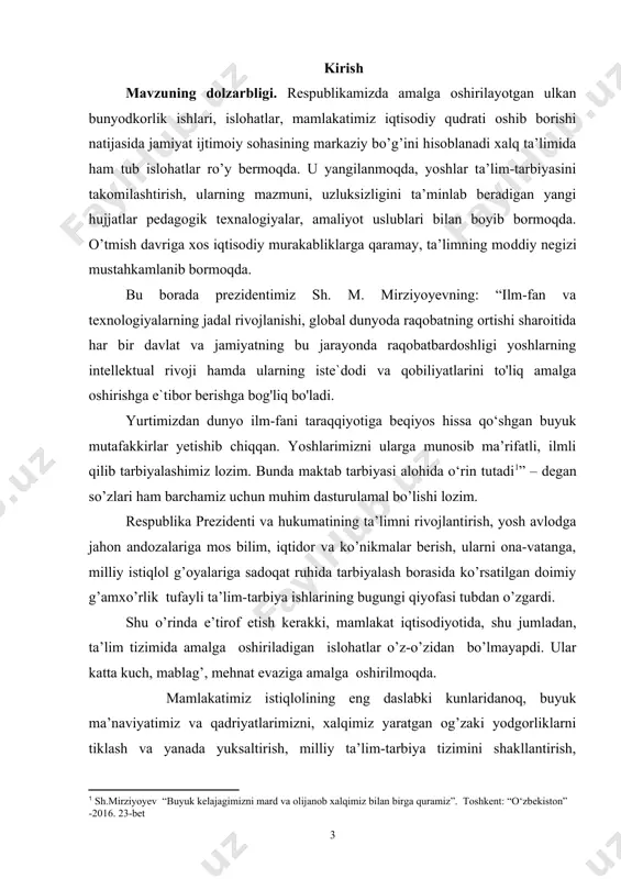 bo’lmayapdi. ular katta kuch, mablag’, mehnat evaziga amalga oshirilmoqda. mamlakatimiz istiqlolining eng daslabki kunlaridanoq, buyuk ma’naviyatimiz va qadriyatlarimizni, xalqimiz yaratgan og’zaki yodgorliklarni tiklash va yanada yuksaltirish, milliy ta’lim-tarbiya tizimini shakllantirish, zaminini mustahkamlash, uni davr talablari bilan uyg’unlashtirish asosida jahon andozalari va ko’nikmalari darajasiga olib chiqish maqsadlariga favqulotda katta ahamiyat berildi. ma’lumki har qanday millatning yangilanishi yoshlar tarbiyasidan boshlanadi. yoshlar esa bugungi kunda jamoada va asosan ta’lim-tarbiya munosabatlarida shakillantiriladi. ta’lim vositalari o’quvchilarning ruhiy, jismoniy, genetik va mintaqaviy o’ziga xosliklarini to’liq hisobga olgandagina yuqori samaradorlikka erishish mumkin. kurs ishining maqsadi: sinf jamoasini tashkil etish va tarbiyalash ishlarini aniqlash va tavsiyalar ishlab chiqish. kurs ishining vazifasi: 1. jamoada shaxsni tarbiyalashni nazariy jihatdan o’rganish; 2. jamoaning rivojlanishida tarbiya usullarining ahamiyatini aniqlash; 3. jamoa ijodiy faoliyatini rivojlantirishda pedagogik texnologiyalarning o‘rnini yoritib berish; 4. jamoaviy ijodiy faoliyat metodikasini amalga oshirish bosqichlarini o’rganish va tahlil qilish. kurs ishining obyekti: jamoa ijodiy faoliyatini rivojlantirishda pedagogik texnologiyalarning o’rnini aniqlash …