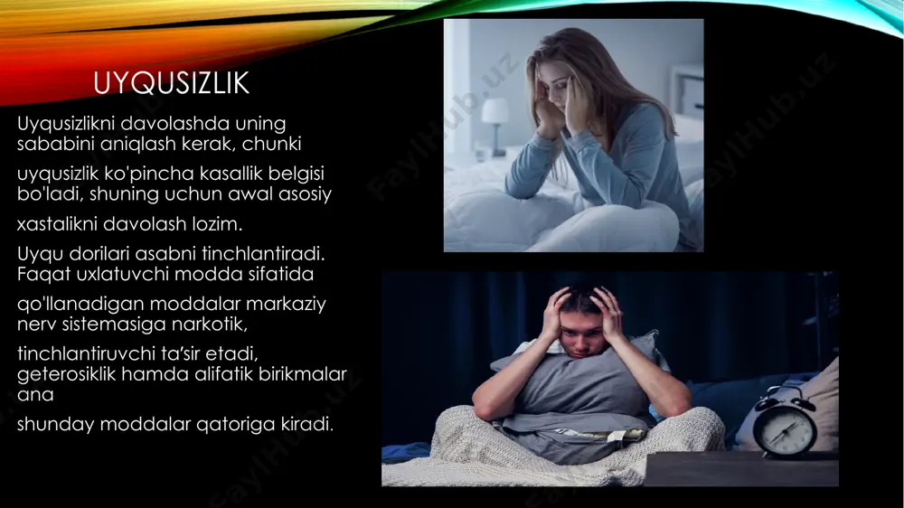 eptiklar (bemegrid), kollaps holatida noradrenalin yuboriladi. alifatik qatorli uxlatuvchi moddalar alifatik qatorli uxlatuvchi moddalardan xloralgidrat, kuchli va davomli uxlatuvchi ta’sirga ega (8 soat), oshqozon-ichakdan yaxshiso'riladi, barbituratlardan fiarqi — uyqu davrlarini 0‘zgartirmaydi. moddaning tinchlantiruvchi, uxlatuvchi, talvasaga qarshi, narkoz paydo qiluvchi xususiyatlari ham bor. uxlatuvchi sifatida xloralgidrat hozir kam qo'llaniladi, chunki jigar; yurak, buyraklarga salbiy ta’sir ko'rsatadi, unga o'rganib qolish mumkin. xloralgidrat ko'proq talvasaga qarshi, ayniqsa, bolalarda tez uchraydigan talvasali holatda — spazmofiliyada qo'llaniladi. modda ichishga buyuriladi, ko‘proq to'g’ri ichakka yuboriladl bromizoval o'rtacha uxlatuvchi ta’sirga ega. benzodiapezin unumlari uxlatuvchi sifatida qo'llanadigan trankvilizatoriaming ko'pchiligi kimyoviy tuzilishiga ko'ra benzodiazepin unumlaridandir. ular asosan limbik sistemaga ta’sir ko'isatib, vahima, tashvish, bezovtalikni yo'qotadi, anksiolitik ta’sir ko'rsatadi, uxlatuvchi xususiyati keltirilgan anksiolitik ta’siri bilan bog'liq. benzodiazepin moddalari uxlatuvchi, anksiolitik, talvasaga qarshi hamda mushaklarni bo'shashtirish xususiyatlarga ega, moddalar etil spirti, narkotik analgetiklar bilan qo'llanganda ulaming ta’sirini va ta’sir muddatini oshiradi. ichishga buyuriladi, oshqozon- ichakdan yaxshi so'riladi- benzodiazepin unumlaridan uxlatuvchi modda …