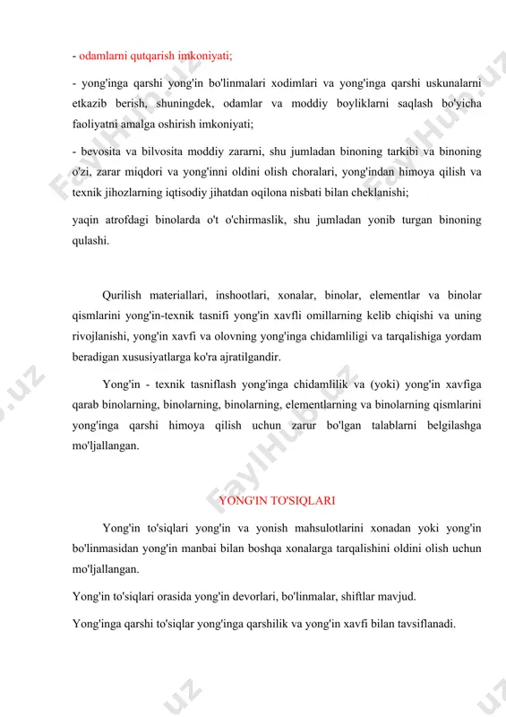 ilik va (yoki) yong'in xavfiga qarab binolarning, binolarning, binolarning, elementlarning va binolarning qismlarini yong'inga qarshi himoya qilish uchun zarur bo'lgan talablarni belgilashga mo'ljallangan. yong'in to'siqlari yong'in to'siqlari yong'in va yonish mahsulotlarini xonadan yoki yong'in bo'linmasidan yong'in manbai bilan boshqa xonalarga tarqalishini oldini olish uchun mo'ljallangan. yong'in to'siqlari orasida yong'in devorlari, bo'linmalar, shiftlar mavjud. yong'inga qarshi to'siqlar yong'inga qarshilik va yong'in xavfi bilan tavsiflanadi. yong'in to'siqni yong'inga chidamliligi elementlarning yong'inga chidamliligi bilan belgilanadi: - qismini yopish; to'siqning barqarorligini ta'minlovchi tuzilmalar; - unga asoslangan tuzilmalar; - ular orasidagi ulanish nuqtalari. to'siqning barqarorligini ta'minlaydigan tuzilmalarning yong'inga chidamliligi chegarasi, ular joylashgan binolar va ular orasidagi r nuqtalari o'rtasida yong'in to'siqchasining yopishtiruvchi qismining zarur bo'lgan yong'inga chidamliligi kam bo'lishi kerak. yong'in to'sig'ining yong'inga olib kelishi yong'in xavfli tomoni bilan to'siqning barqarorligini ta'minlovchi qo'shimcha joylar va inshootlar bilan belgilanadi. funktsional yong'in xavfi bilan binolarni tasniflash binolar va binolarning qismlari - funktsional ravishda o'zaro bog'langan xonalar yoki …