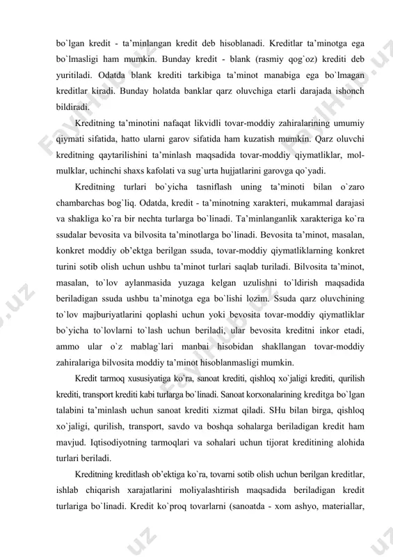 orxonalarining kreditga bo`lgan talabini ta’minlash uchun sanoat krediti xizmat qiladi. shu bilan birga, qishloq xo`jaligi, qurilish, transport, savdo va boshqa sohalarga beriladigan kredit ham mavjud. iqtisodiyotning tarmoqlari va sohalari uchun tijorat kreditining alohida turlari beriladi. kreditning kreditlash ob’ektiga ko`ra, tovarni sotib olish uchun berilgan kreditlar, ishlab chiqarish xarajatlarini moliyalashtirish maqsadida beriladigan kredit turlariga bo`linadi. kredit ko`proq tovarlarni (sanoatda - xom ashyo, materiallar, yoqilg`i, qurilish materiallari va hokazolar; savdoda - tur xildagi tovarlar assortimenti, uzoq muddatda foydalaniladigan alohida tovarlar) ayirboshlash maqsadida beriladi. gohida ayrim turdagi tovar-moddiy qiymatliklar kreditdan foydalanishni inkor etishi ham mumkin. ayrim holatlarda esa kredit ishlab chiqarish xarajatlarini moliyalashtirish maqsadida beriladi. masalan, qishloq xo`jaligida kreditning katta qismi o`simlikshunoslik yoki chorvachilik xarajatlari uchun, sanoatda mavsumiy xarajatlar (ta’mirlash, qishloq xo`jaligi mahsulotlarini etishtirsh jarayonlarini yangi mavsumga tayyorlash) uchun beriladi. kreditlar takror ishlab chiqarish jarayoniga xizmat ko`rsatishiga ko`ra, xom-ashyo va materiallarni sotib olish, to`lov aylanmasidagi uzulishni qoplash va tovarlarni xarid qilish uchun berilgan …