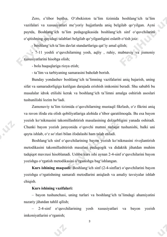 rini bayon yozishga o‘rgatishning samarali metodlarini aniqlash va amaliy tavsiyalar ishlab chiqish. kurs ishining vazifalari: – bayon tushunchasi, uning turlari va boshlang‘ich ta’limdagi ahamiyatini nazariy jihatdan tahlil qilish; – 2-4-sinf o‘quvchilarining yosh xususiyatlari va bayon yozish imkoniyatlarini o‘rganish; – boshlang‘ich sinflarda bayon yozishga o‘rgatish metodikasini sinf kesimida tahlil qilish; – bayon yozishda qo‘llaniladigan innovatsion usullarni aniqlash; – o‘quvchilarning bayon yozish ko‘nikmasini baholash mezonlarini ishlab chiqish; – bayonlardagi tipik xatolarni aniqlash va ularni bartaraf etish yo‘llarini ko‘rsatish; – boshlang‘ich sinflarda bayon yozish samaradorligini oshirish bo‘yicha amaliy tavsiyalar berish. kurs ishining obyekti: boshlang‘ich sinf (2-4-sinflar) o‘quvchilarining bayon yozish ko‘nikmasini rivojlantirish jarayoni. kurs ishining predmeti: boshlang‘ich sinf o‘quvchilarini bayon yozishga o‘rgatish metodikasi. kurs ishining tuzilishi: ish kirish, 2 bob, 4 bo‘lim, xulosa, foydalanilgan adabiyotlardan iborat. jami 40 sahifadan tashkil topgan. i bob. boshlang‘ich sinf o‘quvchilarini bayon yozishga o‘rgatishning nazariy asoslari. 1.1. boshlang‘ich sinflarda badiiy asarlarni qayta hikoyalash va bayon yozish – o‘quvchilar nutqini …
