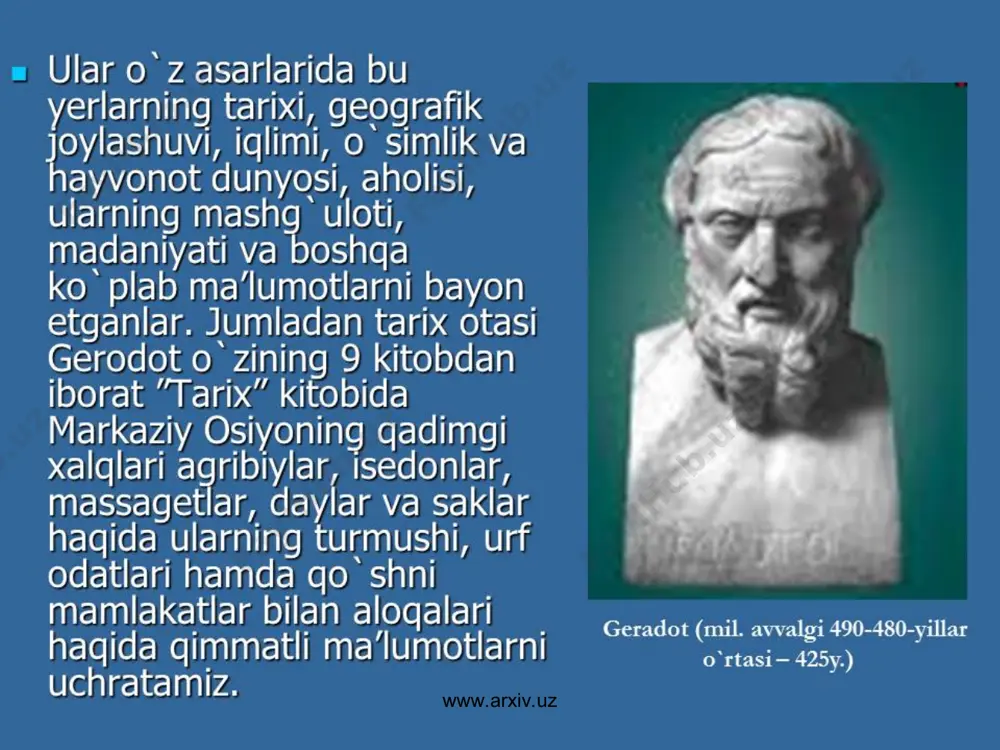 w.arxiv.uz www.arxiv.uz hayotining ko‘p qismi turli mamlakatlarda o‘tgan gerodot sayohatdan olgan taassurotlarini yozib, to‘qqiz kitobga jamlagan. keyinchalik bu kitobga «tarix» deb shartli nom beril­gan. to‘maris to‘g‘risidagi afsona ana shu kitob orqali bizgacha yetib kelgan. gerodot o‘z kitobida ahomaniy forslar davlatining gullab-yashnashi, bobil, ossuriya, misr, midiya, lidiya, skifiya kabi mamlakatlardagi ijtimoiy-iqtisodiy, siyosiy, madaniy hayot tasviriga, o‘ziga xos davlat tuzilishiga maxsus to‘xtalgan. ushbu mamlakatlarning geografik-iqtisodiy ahvoli, u yerlarda istiqomat qiluvchi xalqlarning urf-odatlari, din-u diyonatlari, madaniyati, osori atiqalari, og‘zaki ijodi haqida qiziqarli hikoya qilgan. kitobda, shuningdek, forslarning yunonlar ustiga qilgan harbiy yurishlari ham bayon etilgan. buncha ma’lumotni muallif o‘z kuzatuvlari natijasida, ko‘rgan-bilganlarning hikoyalaridan, ilgari yozilgan kitoblardan, xalq afsona va rivoyatlaridan, kohinlarning hikoyalaridan, rasmiy bitiklardan olgan. uning hikoyalarini o‘qigan kitobxon muallif g‘oyat bilimdon, qiziquvchan, tug‘ma iste’dod egasi, ko‘p o‘qigan, ko‘p ko‘rgan va eshitgan kishi bo‘lganligini darhol fahmlab oladi. www.arxiv.uz www.arxiv.uz «tarix» kitobida gerodot uch asrdan ziyod­roq davrni qamrab oluvchi turli-tuman materiallarni umumiy diniy-axloqiy qarash …