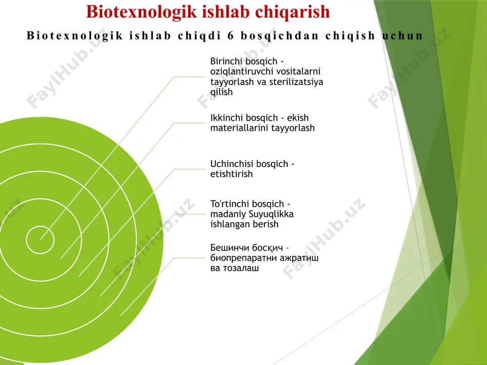 enterlar ishlatilib, ular har khil khajmda (kichik xazhdagisi 1 l dan 10 l gacha, urtacha khazhmdagisi 10 l 1000 l gacha va katta khazhmdagisi 1000 l dan ortigi) olinadi. bioreaktorlar barcha turlari bioreaktorlar qisqartirilgan chizilgan . (b. glik va j. pasternakning fikriga ko'ra ): a - mexanik kommunikator reaktorlar ; b - barbotaj ustunlar ; b - ichkarida aylanma havo ko'taruvchi reaktorlar . ; g- tashqi aylanishli havo ko'taruvchi reaktorlar . oklar madaniydir​ muhit yo'nalishi o'qimaydi bioreaktorlar bioreaktorlar biosintezning rivojlanishi uchun quyidagi ko'rsatkichlar talab qilinadi: jaroat: bakteriyalar - 28 ° c da; aktinomisetalar - 26-28 ° s; harorat -24 ° c. 2. tebratgichni vosita soni (mikroorganizm uchun qor, muomalai kislorod ishlab chiqaruvchi). tebratgichlar 1, 2, 3, 5 qavatli qilib yasaladi. 3. kengaytirilgan ĳavoni sarfi uchun aeratsiya; men uni fermenterda ham sotib oldim; atrof muhitning ph ko'rsatkichi; oziq-ovqat muhitida erigan kislorodning qisman bosimi (kislorod miqdori); bioreaktorlar fermentatordan chiqishda co 8. biokimyoviy …
