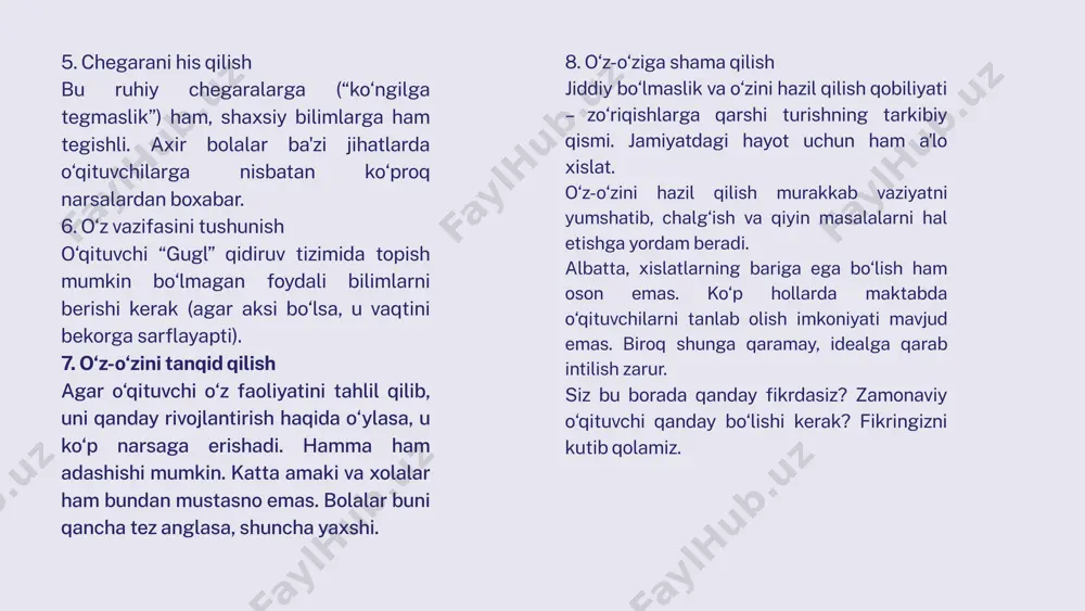m mehnat natijasida egallanadi. shuningdek, pedagogning o‘z ustida tinmay ishlashi tufayli bunyodga keladi. o‘qituvchi va tarbiyachilarning ko‘pligi sir emas, ammo bu kasbni yuksak darajada, muvaffaqiyat bilan ado etish mushkul ish. pedagog uchun qo‘shimcha, lekin nisbatan turg‘un talablar qatoriga kirishuvchanlik, artistlik, shodon xulq, yaxshi did-farosat va boshqalarni kiritish mumkin. bu xususiyatlar eng asosiy o‘rinda turmasa-da, ammo o‘qituvchi faoliyati uchun katta yordam beradi. bosh va ikkilamchi pedagogik xossalar jamlanib, pedagogning shaxsiyatini aniqlaydi, shu jihatlar kuchi bilan har bir o‘qituvchi ajoyib va o‘ziga xos shaxs sifatida namoyon bo‘ladi. jamiyat tomonidan qo‘yiladigan talablardan eng muhimi o‘qituvchining shaxsi va uning kasbi bilan bog‘lik hislatlariga qaratilgan. xulosa: pedagogga qo‘yiladigan asosiy, bosh va o‘zgarmas talablar bolalarga bo‘lgan mehr, pedagogik faoliyat, o‘zi ishlaydigan soha bo‘yicha maxsus bilim, keng fikrlay olish, pedagogik intuitsiya, yuqori saviyada rivojlangan tafakkurga, chuqur bilimga, madaniyat va yaxshi xulqqa ega bo‘lish, bolalarni o‘qitish va tarbiyalashning turli uslublaridan mohirona foydalana olishni bilishdan iborat. yuqorida keltirilganlarning birortasisiz …