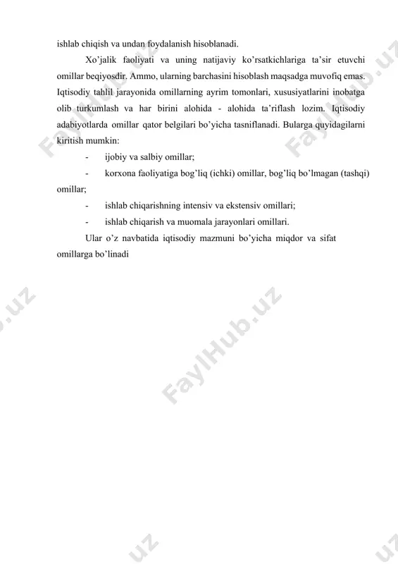 laridagi ko’rsatkichlar har tomonlama tekshirilib, so’ngra ana shu aniq ko’ rsatkichlardan korxonaning xo’jalik faoliyatini belgilovchi umumlashgan iqtisodiy ko’rsatkichlar darajasiga chiqiladi. iqtisodiy tahlil usuli mazkur predmetni o’rganish jarayoniga umumiy jihatdan yondashuvdir. shu sababli, tahlil usulini unga bo’ysinuvchi maxsus usullari bilan aralashtirib bo’lmaydi. zero, aniq shart - sharoit natijasida u yoki bu usullarning o’zgarishi ehtimoldan xoli emas. 2. iqtisodiy tahlil metodining o’ ziga xos xususiyatlari iqtisodiy tahlil usulining eng muhim xususiyatlari quyidagilardan iborat: 1) xo’jalik faoliyatiga ta’sir etuvchi texnika, texnologiya, ishlab chiqarishni tashkil qilish va barcha omillarni tekshirishni muntazam va kompleks tarzda o’tkazishga yondoshuv tahlil usulining eng muhim xususiyatlaridan biri bo’lib hisoblanadi. bu o’rinda muntazam tahlilni kompleks tahlil bilan almashtirish aslo mumkin emas. obyektni ierarxik usul (bo’ysunish tartibi) orqali boshqarish, masalan, sex korxonaning, korxona birlashmaning, birlashma tarmoqning bir qismi va hokazo sifatida o’rganish sistemali tahlilga misol bo’ladi. kompleks tahlilda barcha ko’rsatkichlar o’rganiladi. 2) tahlil usulining o’ziga xos xarakterli xususiyatlaridan biri – iqtisodiy …