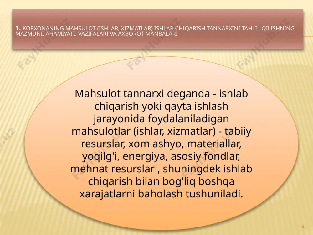 afzalliklarga ega. birinchidan, u universaldir, chunki uni har qanday sohada hisoblash mumkin, ikkinchidan, u xarajat va foyda o'rtasidagi bevosita bog'liqlikni aniq ko'rsatadi. tahlil jarayonida 1 so'mlik mahsulot uchun xarajatlar dinamikasini o'rganish, bu ko'rsatkich bo'yicha qiyosiy tahlil o'tkazish kerak. 22 bir so’mlik mahsulot uchun qilingan xarajatlar ko'rsatkichi : 23 ishlab chiqarish tannarxini ishlab chiqarilgan mahsulot ulgurji bahosiga nisbati bilan aniqlanadi 1 so'm mahsulot uchun haqiqiy xarajatlar quyidagi omillar ta'sirida rejalashtirilganidan chetga chiqadi: 24 а) mahsulot tuzilishi va assortimenti; b) mahsulotlar tannarxi; c) iste'mol qilinadigan moddiy resurslar narxi va tariflari; d) mahsulot narxlari rejaga nisbatan ishlab chiqarish tarkibi va assortimentining o'zgarishi. bu omil 1 so'm mahsulotga to'g'ri keladigan xarajatlar miqdoriga ta'sir qiladi, chunki har xil turdagi mahsulotlar uchun tannarxning korxonaning ulgurji narxiga nisbati bir xil emas. ayrim mahsulotlar narxida asosiy tannarxning ulushi pastroq, foyda ulushi esa yuqoriroq bo'lsa, boshqa mahsulotlar narxida esa teskari hodisa yuz berishi mumkin. 25 mahsulotning 1 so'mi uchun …