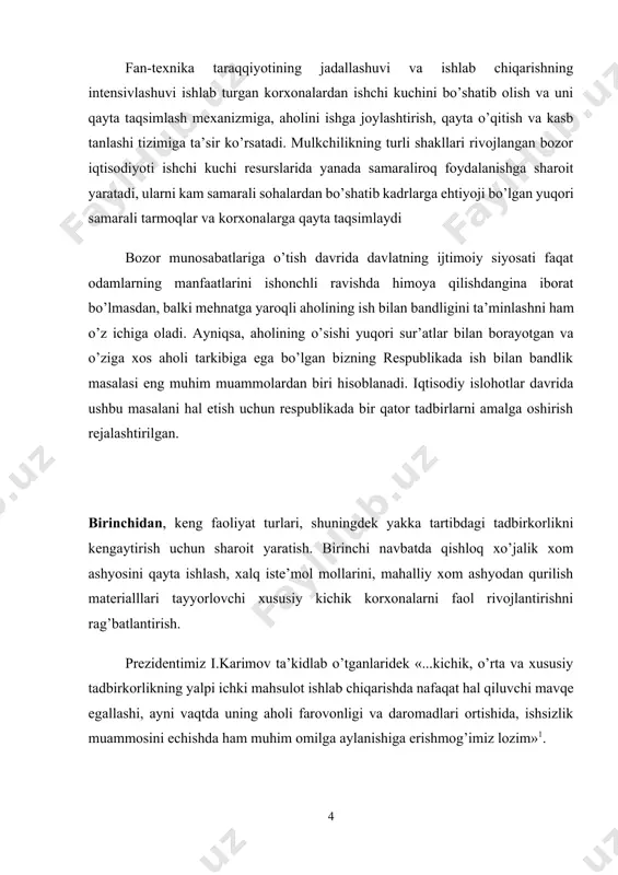 lgan dasturlarning amalga oshirilishi natijasida 2005 yilgacha bo’lgan davr davomida qo’shimcha 1215 ming kishini ish faoliyatiga jalb qilish ko’zda tutilgan. agar 1999 yilda kichik va o’rta biznesda band bo’lganlar sonining 5,2% ortishi aholi real daromadlari qo’shimcha o’sishining 1/5 qismidan ko’prog’ini (23,2%) ta’minlagan bo’lsa, 2005 yilda bu sohada band bo’lganlar sonini 1,2 mln. kishiga oshirish, ular daromadlaridagi qo’shimcha o’sishning teng yarmini berishi mumkin. ikkinchidan, xizmat sohasini rivojlantirish, aholiga ko’rsatiladigan ijtimoiy- maishiy xizmat va qurilish bo’yicha xizmat turlarini ancha kengaytirish. bunda ham qishloq joylarda xizmat sohasini rivojlantirishga ustunlik beriladi. respublikada 2002 yilda aholiga pullik xizmat ko’rsatish hajmi 709,3 mlrd. so’mni tashkil qildi. uning 39,3 foizi davlat va 60,7 foizi nodavlat mulkchiligidagi korxonalar tomonidan amalga oshirildi. xususiy korxonalar ulushiga ko’rsatilgan xizmatlarning 36,1 foizi to’g’ri keladi. qishloq joylarda aholiga ko’rsatilgan pullik xizmatlarning salmog’i 21,0 foizga teng bo’lib, ularning deyarli 85,0 foizi uy-joy va kommunal xo’jaligi, yo’lovchi transporti va maishiy xizmat sohalariga to’g’ri keladi. uchinchidan, …