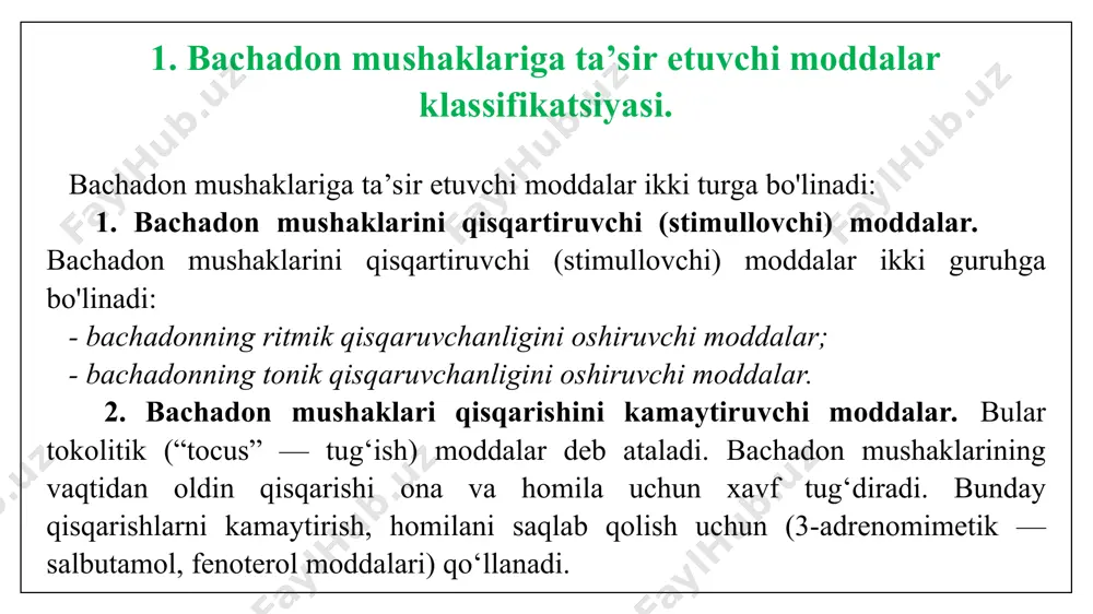 radi, chetda (periferiyada) joylashgan qon tomirlar qarshiligini, qon bosimini pasaytiradi, kapillarlarning o'tkazuvchanligini oshiradi. ba’zi prostaglandinlar adrenergik innervatsiyani oshirib, qon tomirlarini qisqartiradi, ba’zi prostaglandinlar esa adrenergik innervatsiya faolligini kamaytirib, qon tomirlarini kengaytiradi. prostaglandinlar hujayralar ichida siklik amf ni oshiradi yoki kamaytiradi, nerv sistemasida sinaptik o'tkazuvchanlikka ham ijobiy ta’sir ko'rsatadi. пге₁, пгғ₂ prostaglandinlar asosan homilador bachadon mushaklari qisqaruvchanligini oshiradi, ayrimlari homilasiz bachadon mushaklarini ham qisqartiradi. tug‘ruqni tezlatish hamda abort uchun dinoprost — пгғ₂ hamda dinoproston — пге₂ qo‘llanadi. dinoprost homilali hamda homilasiz bachadon mushaklarini ritmik ravishda qisqartiradi, shu bilan birga bachadon bo'ynini kengaytiradi. tug‘ruqni tezlatish hamda abort uchun prostaglandinlar venaga, ekstraamnial, intraamnial hamda qinga yuboriladi. homiladorlikni to‘xtatish uchun homila 13 haftalikdan 25 haftalikkacha bo'lgan davrda qo‘llash tavsiya qilinadi. dinoprost faqat miometriyga ta’sir etmasdan, bronxial mushaklarning qisqarishini, yurak urishini tezlashtirishi, qon tomirlar o'tkazuvchanligini oshirishi mumkin. moddani chandiqli bachadonda, yurak, qon-tomir yetishmovchiligida, bronx mushaklarining qisqarishga moyilligida, glaukoma kasalliklarida qo‘llash man etiladi. dinoproston — пге₂ …