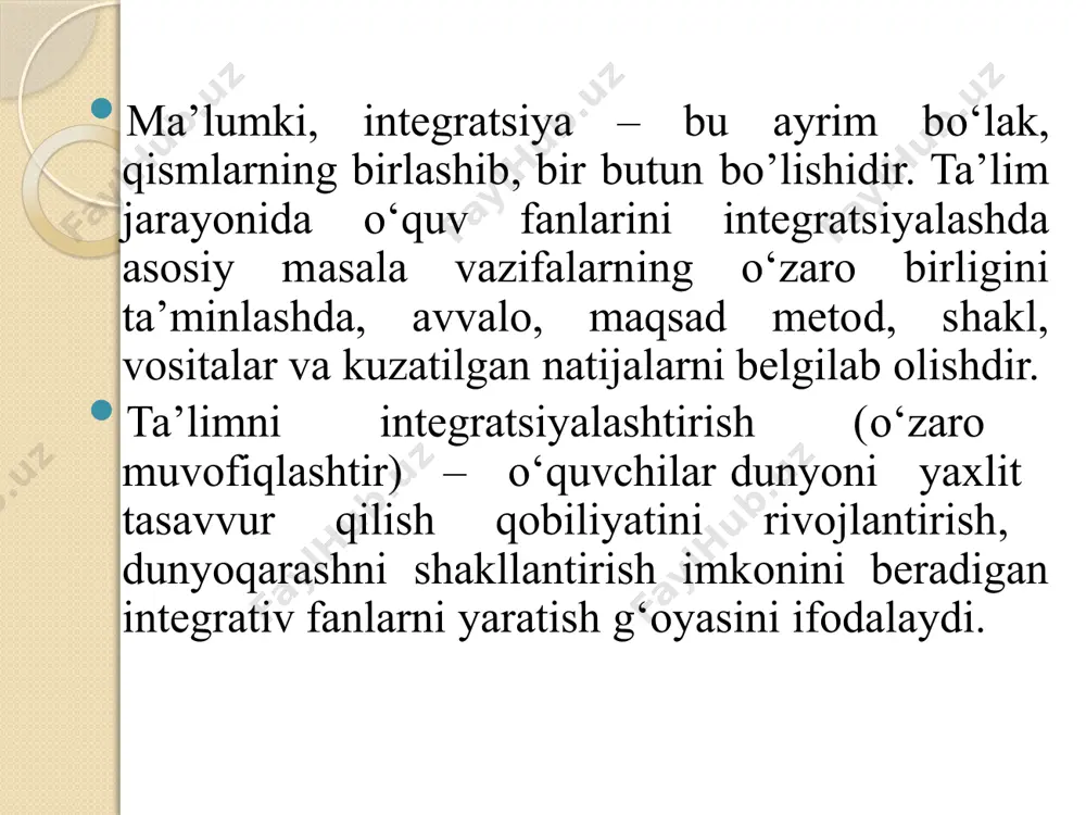 gan munosabatini bilishga bog‘liq. о‘quv fanlariaro uzviylikka xos xususiyat avvalo, darsda kuzatilgan maqsad va vazifalarga qarab belgilanadi. ularning о‘zaro uzviyligidan muvaffaqiyat esa, darsning tо‘g‘ri tashkil etilishiga bog‘liq. bu jarayonda insonning ilmiylik xususiyatiga ega bо‘lgan mehnati alohida ahamiyal kasb etadi. zero, mehnat – insoniyat hayotining, uning о‘sib, kamol topishi va gо‘zallik his-tuyg‘usining, erishgan moddiy va ma’naviy boyliklarining asosiy manbayidir. о‘tmishda ota-onalar bolani aqli kamol topgan, har bir ishga ijodiyyondashish qobiliyatiga ega bо‘lgan inson qilib yetishtirish zarurligini о‘z tajribalarida kо‘rdilar, mehnat va ijtimoiy hayot, tashqi olam inson kamolotida asosiy omil ekanligiga ishonch hosil qildilar. dunyoga kelgan bolaning aqliy tarbiyasiga urg‘u bergan holda, ulami oila va qishloq xо‘jalik ishlariga, bog‘rog‘lar yaratish, chorvachilik, hunarmandchilik ishlariga – mehnatga о‘rgatdilar, shu bilan birga, о‘yinga, jismoniy tarbiyaga, bolalarning boshqalarm biian muloqotda bо‘lishiga, ularda atrof-muhitni anglashga qiziqish uyg‘otishga ahamiyat berdilar. yoshlikdan о‘sib borgan sayin bolalarda aql, xotira, kо‘p narsani bilishga havas, flkrni bir nuqtaga qaratish, mantiqiy fikrlash, ijodkorlik …