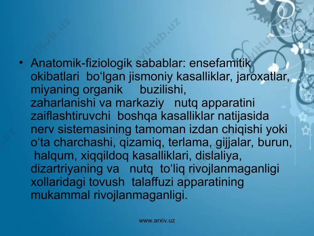 liklarni boshdan kechiradilar, o‘z kamchiligini niqoblashga urinadilar. kasallikka diqqatni jalb qilishning yaqqol ifodalangan darajasi: duduqlanuvchilarda nuqson borasidagi tashvishlanish o‘zining noto‘kisligini doimiy chuqur xis etishga aylanadi, bunda har bir harakat nutqiy noto‘kislik tushunchasi orqali taxlil etiladi. www.arxiv.uz www.arxiv.uz www.arxiv.uz www.arxiv.uz ular o‘z diqqatlarini nutqiy kamchiliklariga yunaltiradilar, duduqlanishdan chuqur tashvish chekadilar, ular uchun kasallikka e’tibor berish, kasallikdan shubxalanish, gapirishdan oldin vaximaga tushish, odamlardan, vaziyatlardan va boshqalardan gumonsirash xosdir. duduqlanish uchta darajag‘a ajraladi: yengil duduqlanish- kishi asabiylashgan xolatida yoki tez gapirayotganida duduqlanadi: urtacha duduqlanish- kishi tinch, odatdagi vaziyatda oson gapiradi, kam duduqlanadi, xis-xayajonli damlarda kuchli duduqlanish yuz beradi: og‘ir duduqlanish-kishi butun nutqi davomida, doimiy chalgituvchi harakatlar qilishi bilan duduqlanadi. duduqlanish davom etishiga ko‘ra kuyidagi turlarga ajratiladi: doimiy- duduqlanish paydo bo‘lgach turli nuktk shakllariva vaziyatlarida bevosita namoyon bo‘ladi: to‘lqinsimon duduqlanish- duduqlanish gox kamayadi, gox kuchayadi lekin butunlay yo‘qolmaydi: qaytalanuvchi- duduqlanish yo‘qolib, yana paydo bo‘ladi, ya’ni qaytalanish yuzaga keladi, o‘zoq muddatli erkin tutulishsiz nutqdan so‘ng …