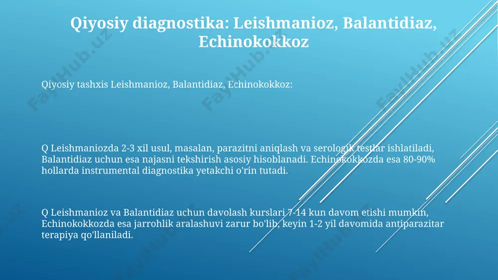 surma preparatlari, masalan, glukantime, 20 mg/kg dozada, 20-28 kun davomida mushak ichiga yuboriladi. profilaktika uchun hasharotlardan himoya va vaksina tadqiqotlari olib boriladi. echinokokkozning erta diagnostikasi usullari echokokk kasalligining erta tashxisi uchun qon zardobida echinococcus granulosus-ga qarshi antitelalarni aniqlash uchun ifa (ferment bilan bog'langan immunosorbent tahlili) usuli keng qo'llaniladi, 80-90% sezuvchanlikka ega. erta diagnostika usullari erta bosqichda echinococcus multilocularis tomonidan kelib chiqqan alveolar exinokokkozni aniqlash uchun pcr (polimeraza zanjiri reaktsiyasi) usuli gidatid qusurlarining biopsiya namunasida parazit dnksini aniqlaydi, yuqori sezuvchanlikka ega. kasallik ta'rifi va tarqalishi kasallik ta'rifi va tarqalishi balantidiaz - balantidium coli infuzoriyasi qo'zg'atadigan, asosan tropik va subtropik hududlarda tarqalgan, kam uchraydigan parazitar kasallik. kasallanish ko'rsatkichi 1% dan kam bo'lgan aholi orasida uchraydi. leishmanioz 20 dan ortiq leishmania protozoa turlari orqali tarqaladigan, termoyadroviy xususiyatga ega bo'lgan, chivinlar orqali yuqadigan kasalliklar guruhidir. kasallik 98 mamlakatda endemik hisoblanadi. e'tiboringiz uchun rahmat @taqdimot_robot