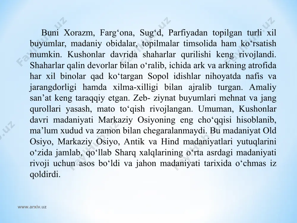 blagan uyg‘onish sharqda (xitoy) vi-viii asrlarda boshlanib, g‘arb sari siljigan va xiv asrda yevropa hodisasiga aylangan. uyg‘onishning bunday talqiniga qarshi bu hodisa turli mamlakatlarda mintaqaviy, ayrim ko‘rinishlarda amal qilishi mumkin, lekin u umumjahoniy fenomen bo‘lishi mumkin emas, deb hisoblovchilar ham bor. uyg‘onish davri xitoyda (konrad), kuriyada (ten), eron-tojikistonda (braginskiy, nikitin), hindistonda (selishev), turkiyada (mellov), armanistonda (chaloyan), ozorboyjonda (gajiev), gruziyada (nusubidze, natadze) kechkanligi haqida ayrim ma’lumotalar keltiriladi. ayni choqda har ikki qarash tarafdorlarini yevropa uyg‘onish davrini mutlaqo betakror hodisa deb qarovchi mualliflar (a. losev, m. petrov) jiddiy tanqid qiladilar. www.arxiv.uz www.arxiv.uz o‘zbekistonda sharq uyg‘onish davri masalasi mahalliy materiallarni umumlashtirgan holda yetarli ishlanmagan. markaziy osiyo mintaqasidagi uyg‘onish haqida gap borganda ix-xii asrlar avvalo xorijiy madaniyat va qaror topgan islomiy eti’qodga nisbatan rivojlangan va boyigan qadimiy madaniyat negizida milliy uyg‘onish deb qaralmog‘i lozim. markaziy osiy uzoq yillik tarixida ko‘p bosqin va talonchiliklarni ko‘rdi, ularga qarshi ozodlik va mustaqillik uchun kurash olib bordi. haqiqat …