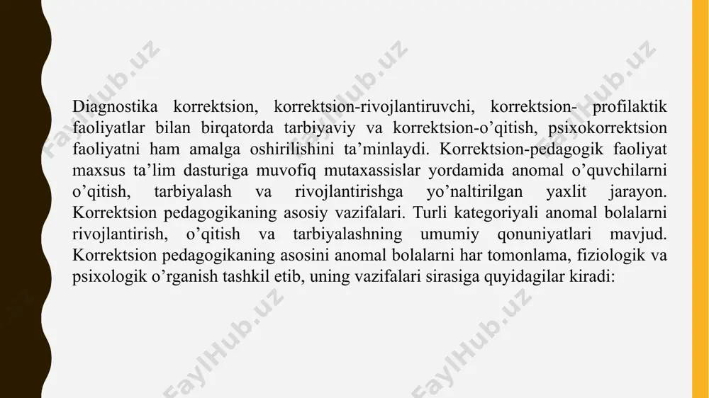 ti- rishga qa ratilgan. o’quvchilarning rivojlanishi va xulqidagi nuqsonlarni tuzatish bolaning shakllanayotgan shaxsini o’zgartirishga qaratilgan yaxlit pedagogik hodisa sanaladi. korreksiya jarayonida bir qator tamoyillarga rioya qilish muhim: ijobiy munosabat, shaxsiylashtirish, izchillik, hamkorlik va xavfsizlikni ta’minlash. xulqni korreksiya qilishda ijobiy rag’batlantirish, salbiy rag’batlantirish, jazolash (ehtiyotkorlik bilan), vaqtni cheklash, xulqni shakllantirish, modelga olish, kognitiv-xulqiy terapiya, oilaviy terapiya, ijtimoiy ko’nikmalarni o’rgatish, dori vositalari (shifokor nazorati ostida) va konsultasiyalar kabi turli metodlardan foydalaniladi. o’qituvchilar, psixologlar va ota-onalar bu jarayonda muhim rol o’ynaydi. o’qituvchilar xulqni kuzatadi, baholaydi, sabablarini aniqlashga yordam beradi, strategiyalarni qo’llaydi va ota-onalar bilan hamkorlik qiladi. muvaffaqiyatli korreksiya har bir bolaning individual xususiyatlarini hisobga olgan holda, ko’p qirrali yondashuvni talab qiladi, bu esa bolaning ijobiy rivojlanishiga, ijtimoiy moslashuviga va ta’limdagi muvaffaqiyatga erishishiga imkon beradi. e’tiboringiz uchun rahmat /docprops/thumbnail.jpeg